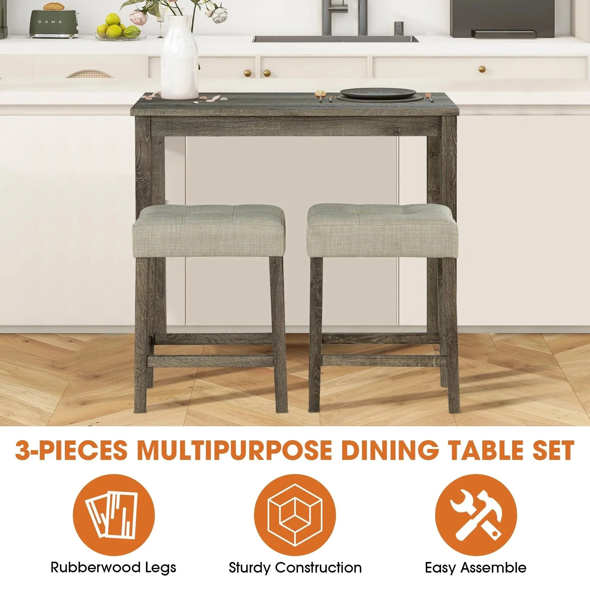 Parrot Uncle 1 Traditional Breakfast Dining Table Set with 2 Stools for Apartment (SL3400BR-PT-3PK-PU) - Image 6