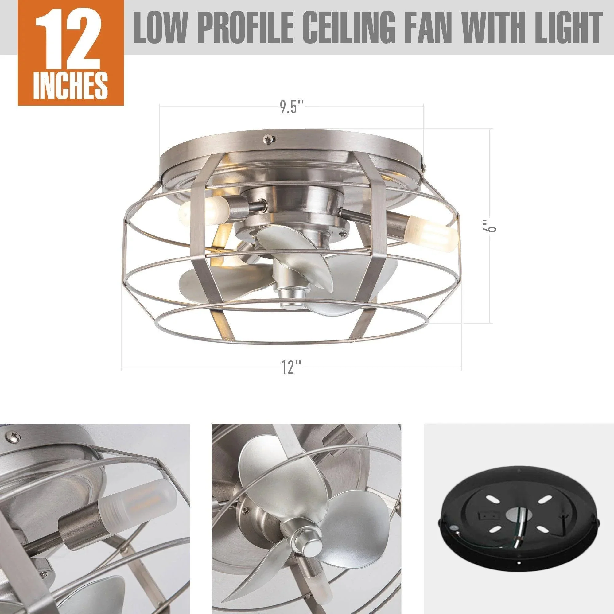 Parrot Uncle 12-Inch Flush Mount Low Profile Caged Small Ceiling Fan with Light and Remote Control - Image 9