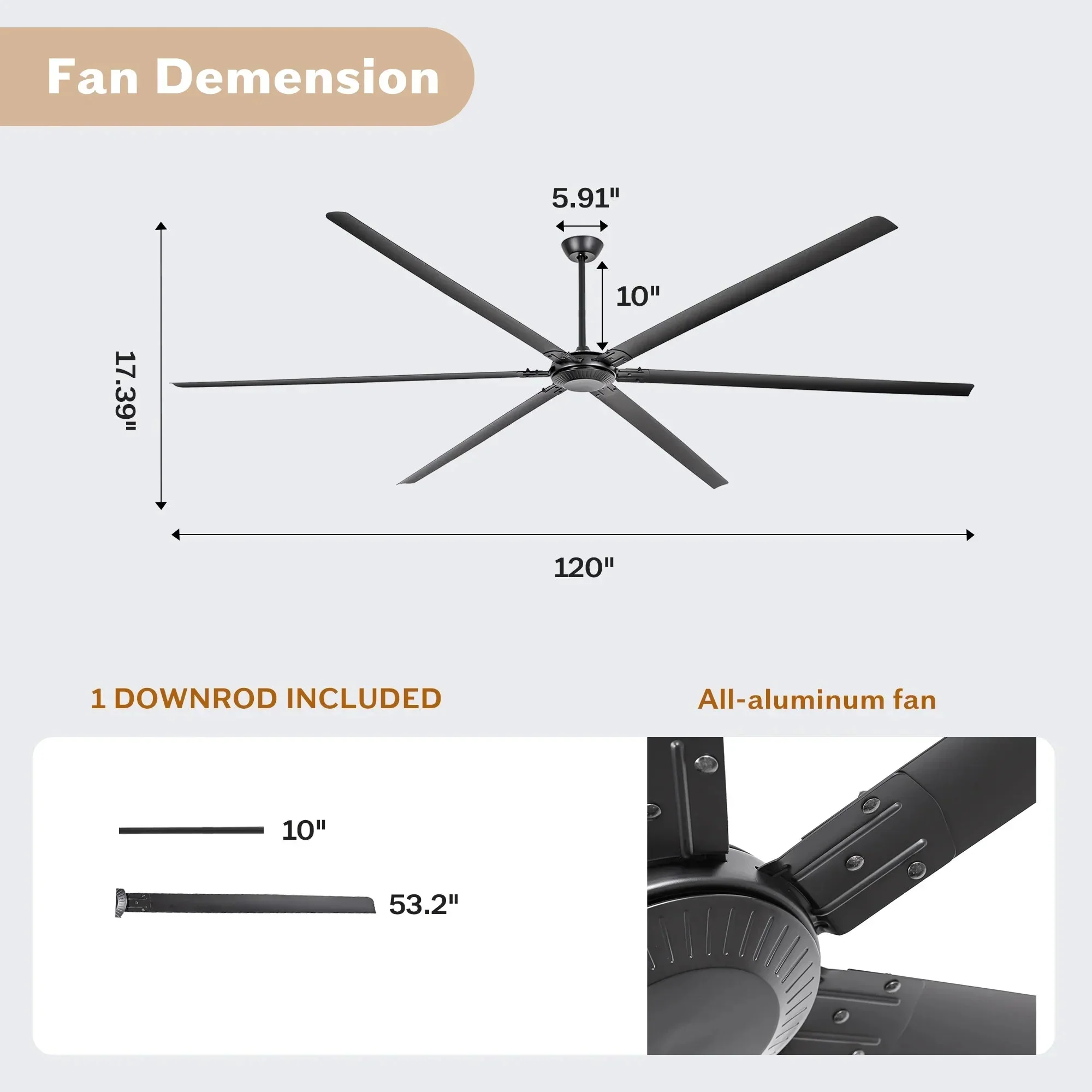 Parrot Uncle 120-Inch HVLS Fan Jupiter Industrial Aluminum Extra Large Ceiling Fan with Remote Control (F8004BK) - Image 4