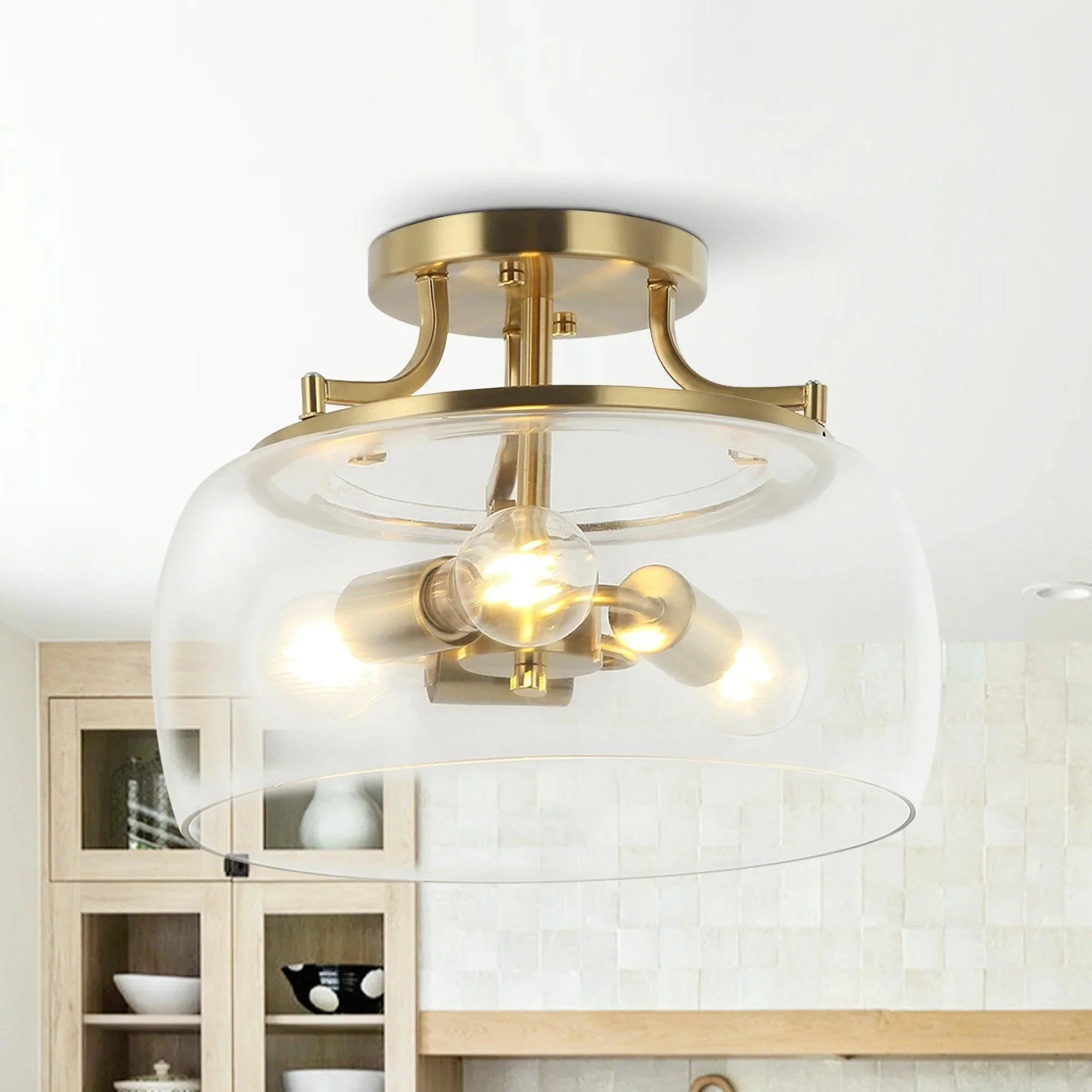 Parrot Uncle 13-Inch 3-Light Brass Gold Semi-Flush Mount Ceiling Light Fixture with Clear Glass Shade (C2273110V) - Image 5