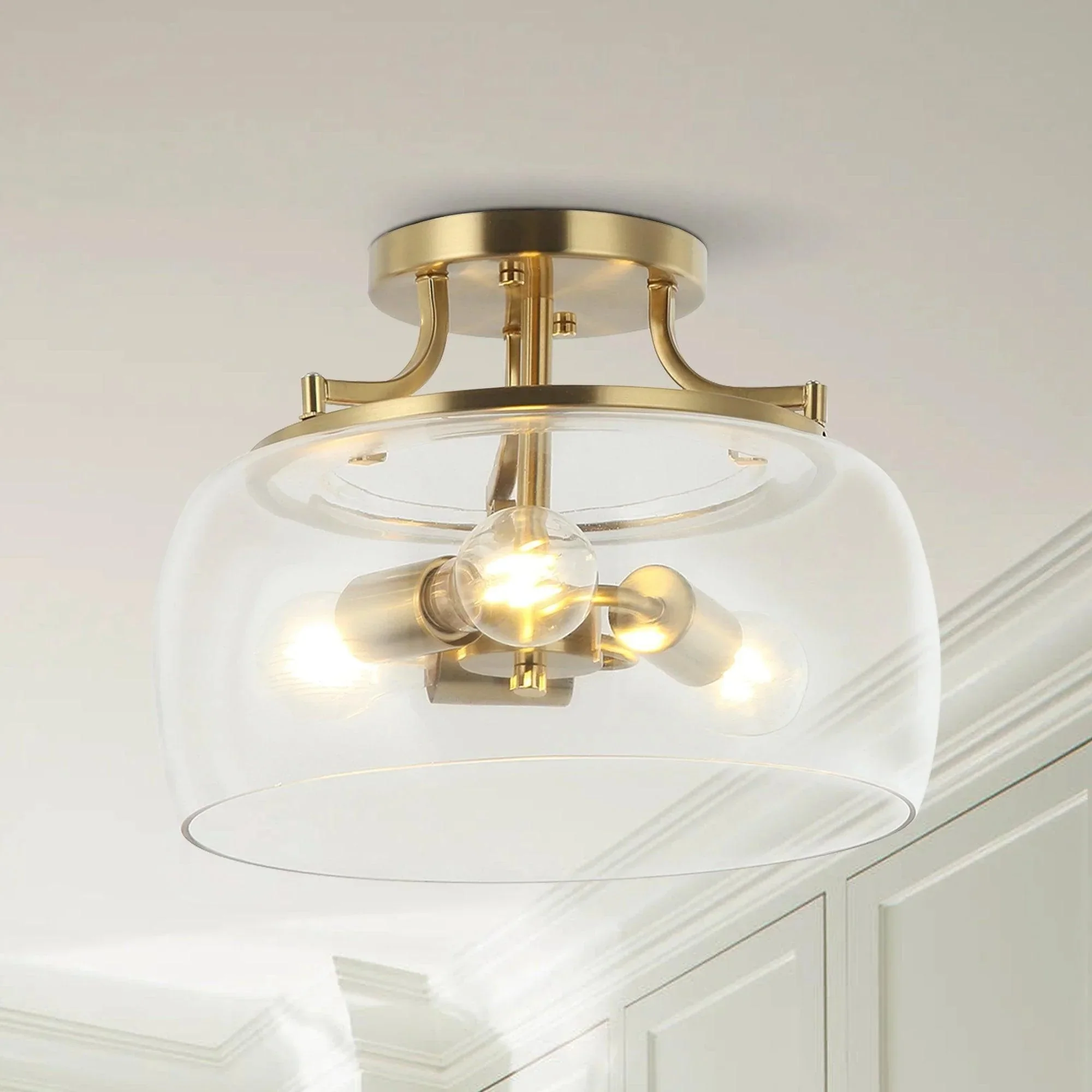 Parrot Uncle 13-Inch 3-Light Brass Gold Semi-Flush Mount Ceiling Light Fixture with Clear Glass Shade (C2273110V) - Image 6