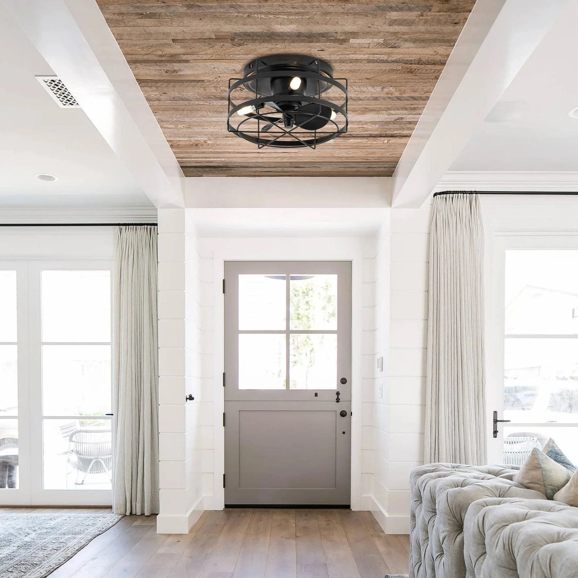 Parrot Uncle 13-Inch Madurai Farmhouse Flush Mount Reversible Ceiling Fan with Lighting and Remote Control (F8270BK110V) - Image 3
