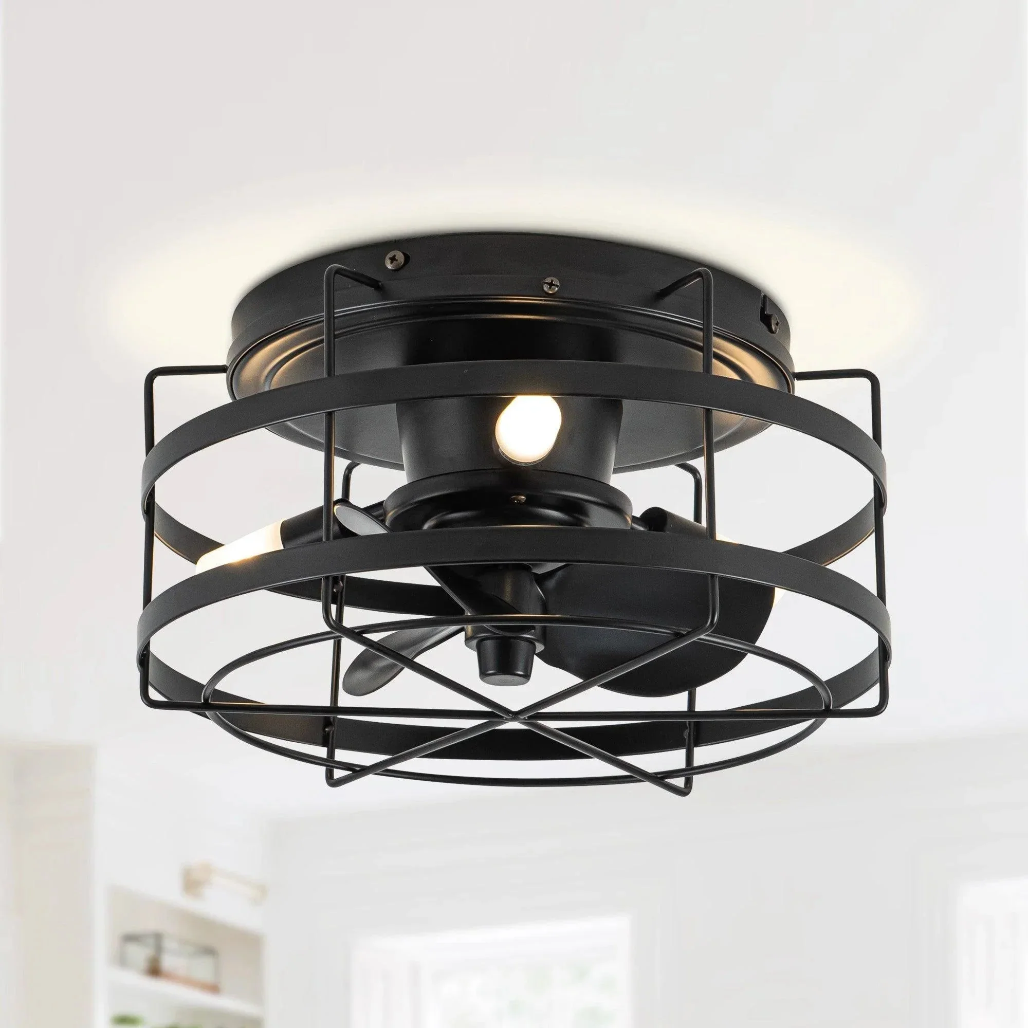 Parrot Uncle 13-Inch Madurai Farmhouse Flush Mount Reversible Ceiling Fan with Lighting and Remote Control (F8270BK110V) - Image 4