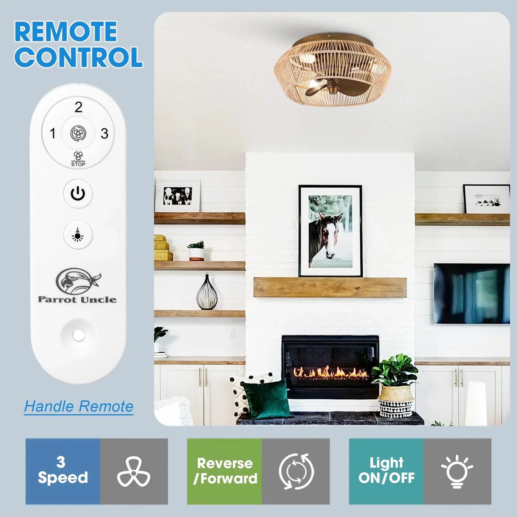 Parrot Uncle 14-Inch Farmhouse DC Motor Flush Mount Reversible Iron Ceiling Fan with LED Lighting and Remote Control (F8257110V) - Image 6