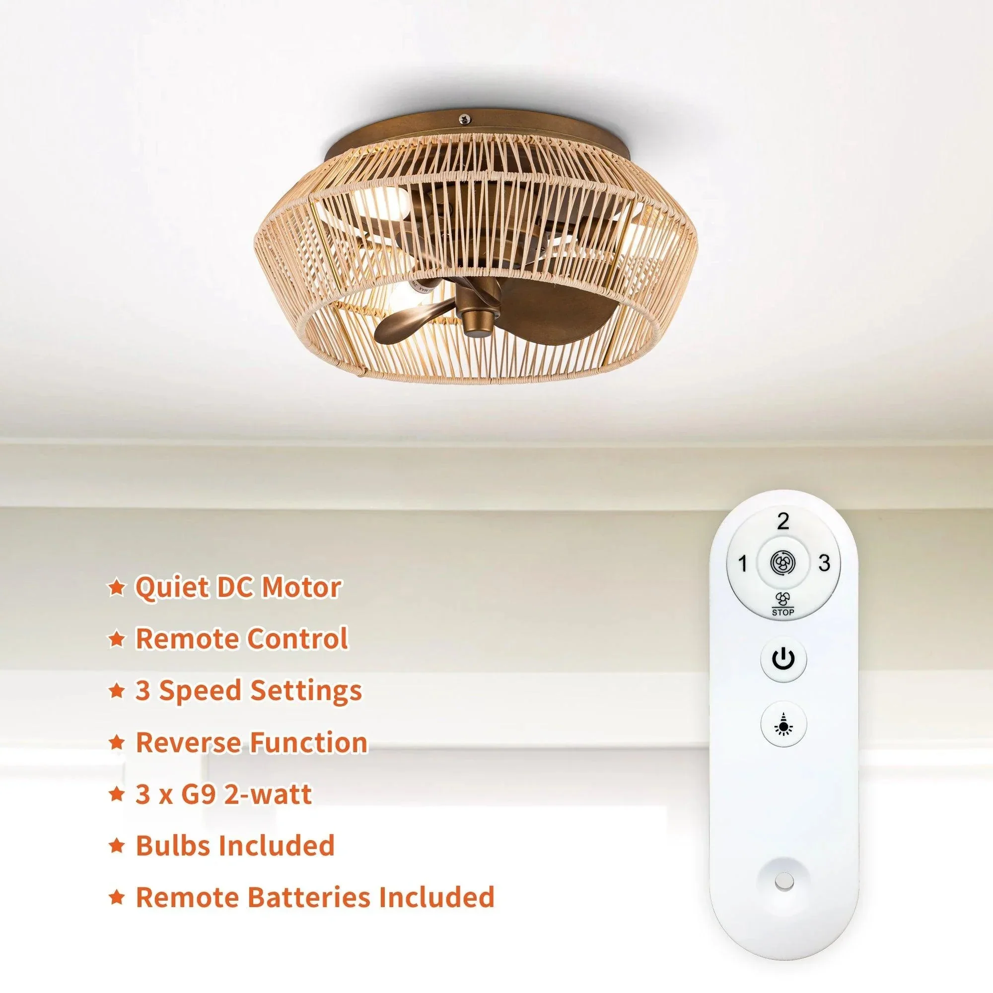 Parrot Uncle 14-Inch Farmhouse DC Motor Flush Mount Reversible Iron Ceiling Fan with LED Lighting and Remote Control (F8257110V) - Image 7