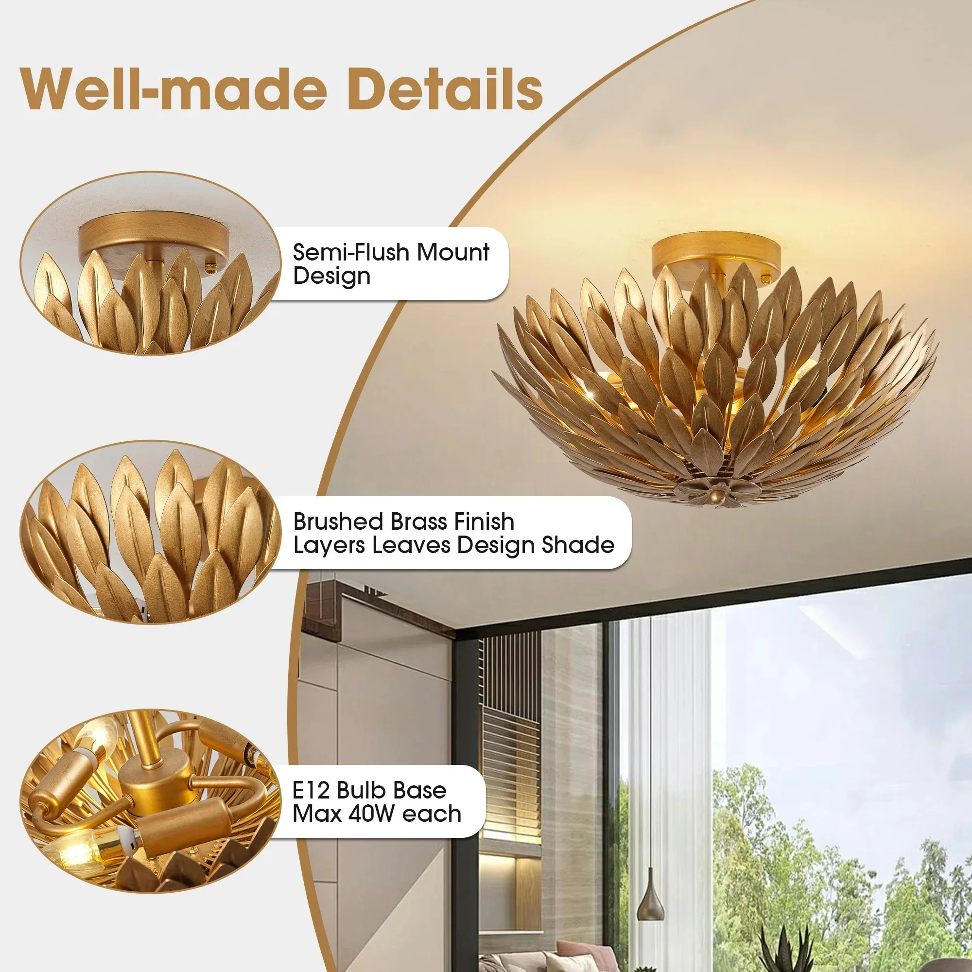 Parrot Uncle 16-Inch, 3-Light Farmhouse Golden Semi-Flush Mount Ceiling Lighting (BBW9353-3GD) - Image 4