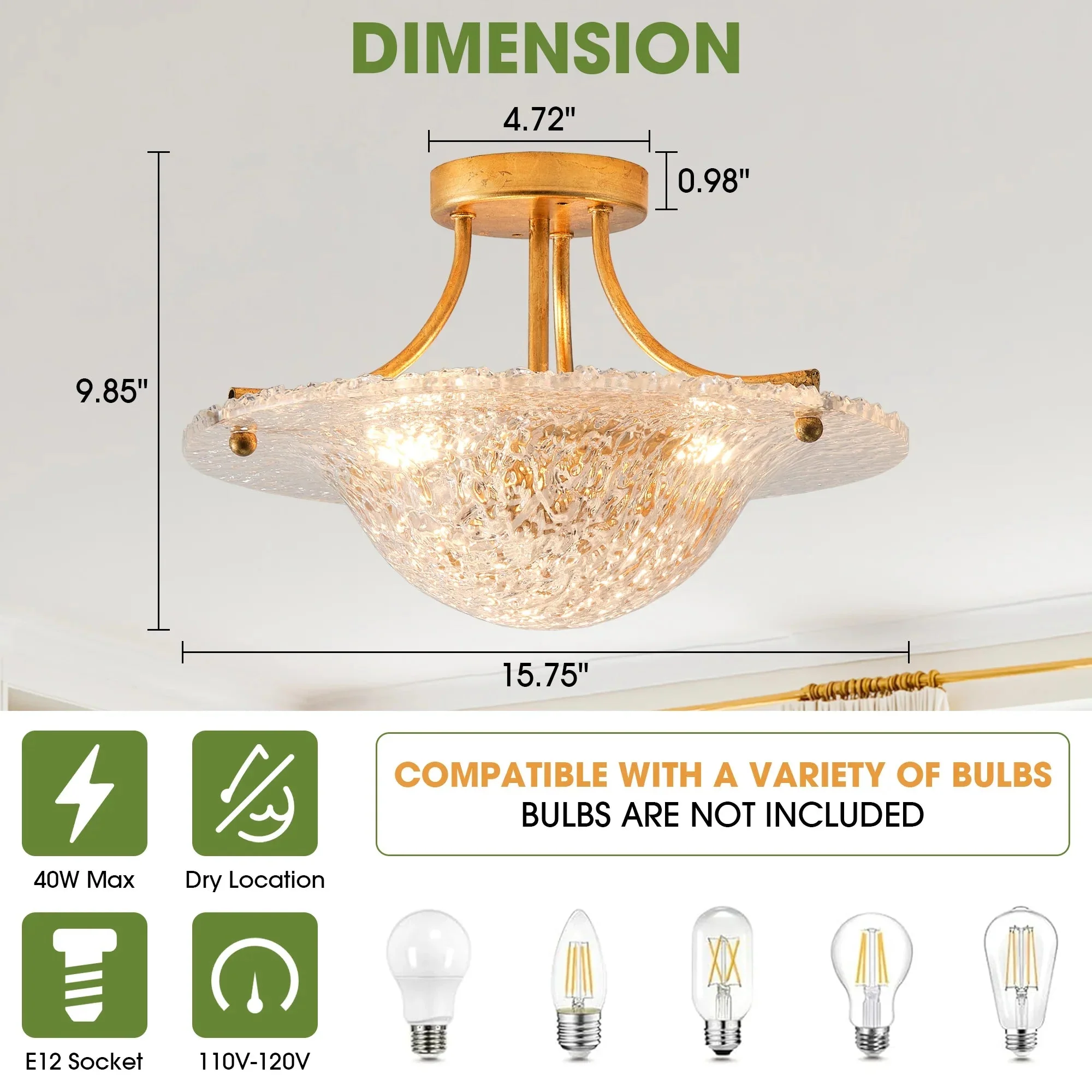 Parrot Uncle 16-Inch Page 3-Light Vintage Golden Semi-Flush Mount Ceiling Light (BBC3003GD) - Image 6