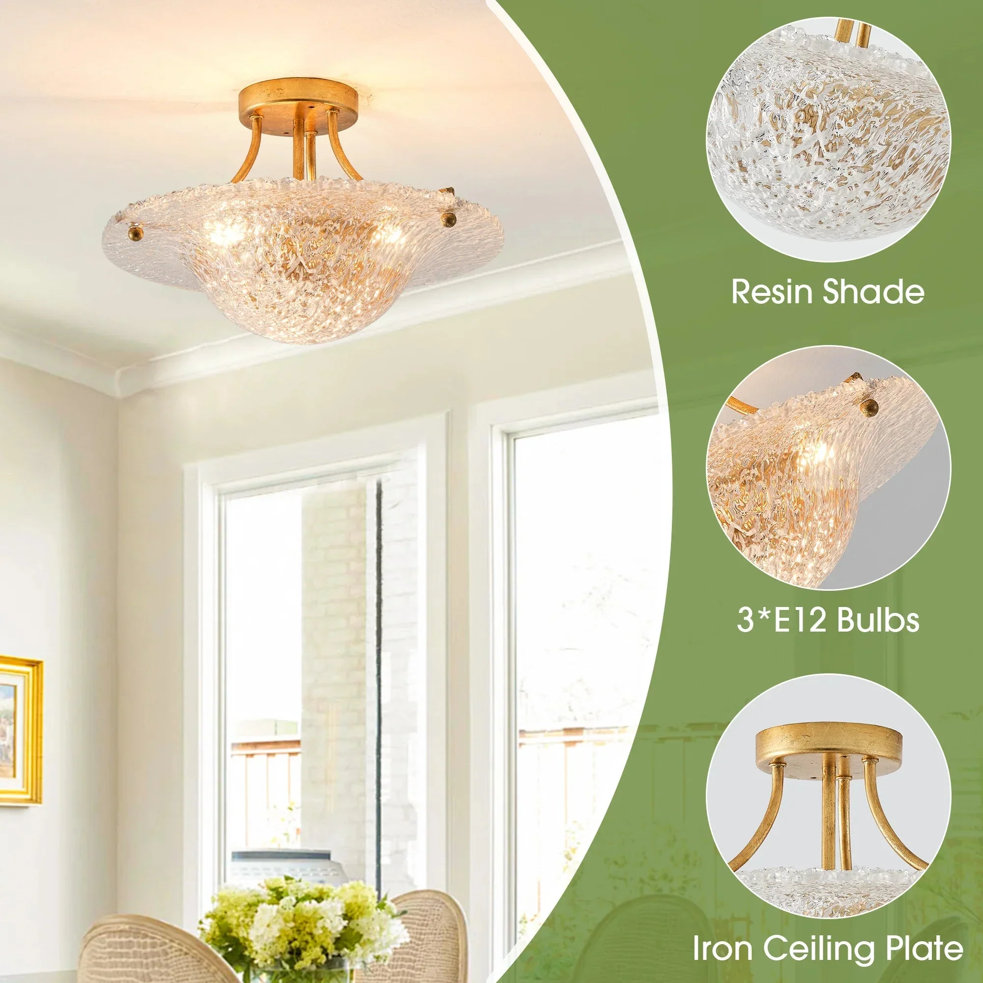 Parrot Uncle 16-Inch Page 3-Light Vintage Golden Semi-Flush Mount Ceiling Light (BBC3003GD) - Image 7