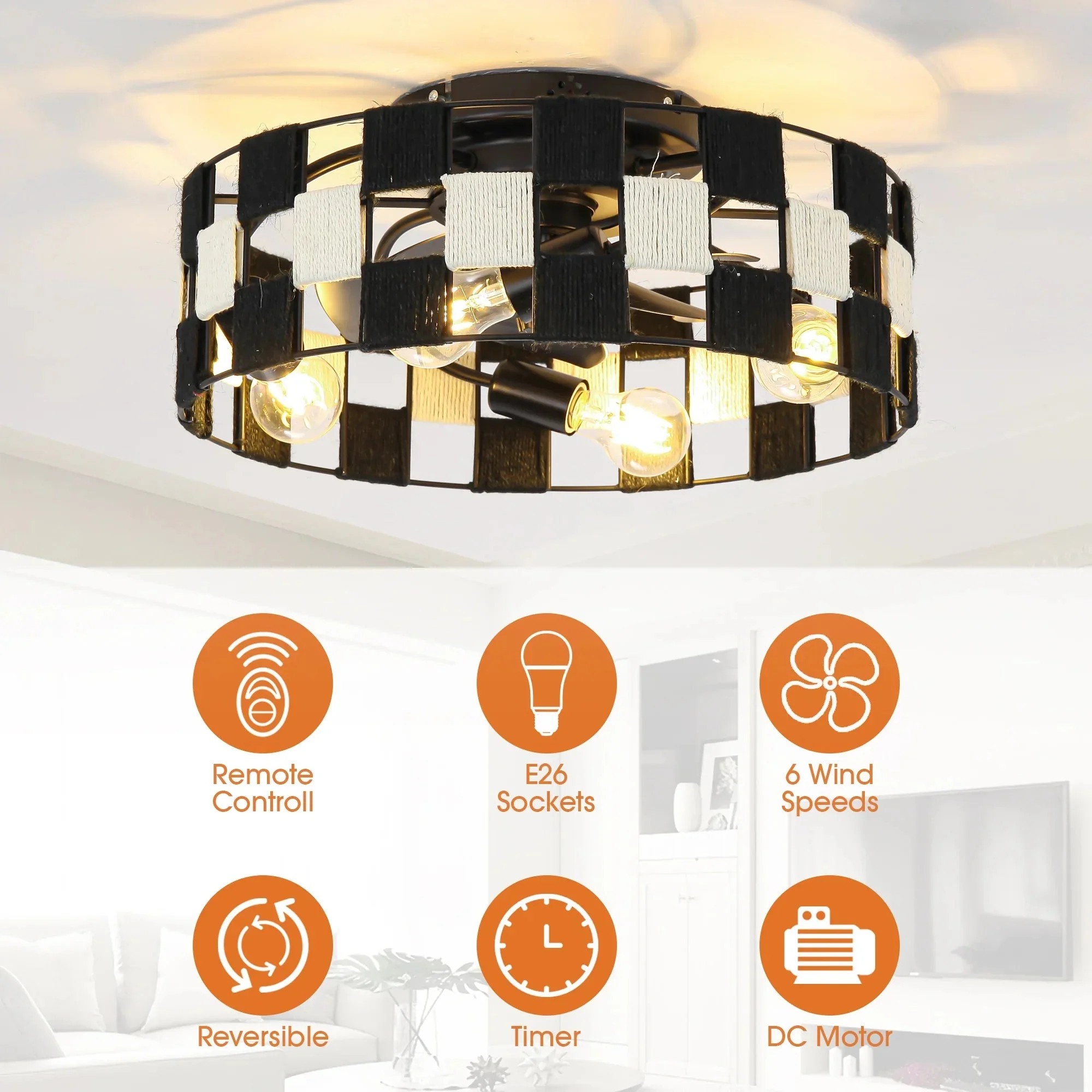 Parrot Uncle 18-Inch Black Industrial Flush Mount Ceiling Fan with Light APP and Remote Control (BBF3004) - Image 5