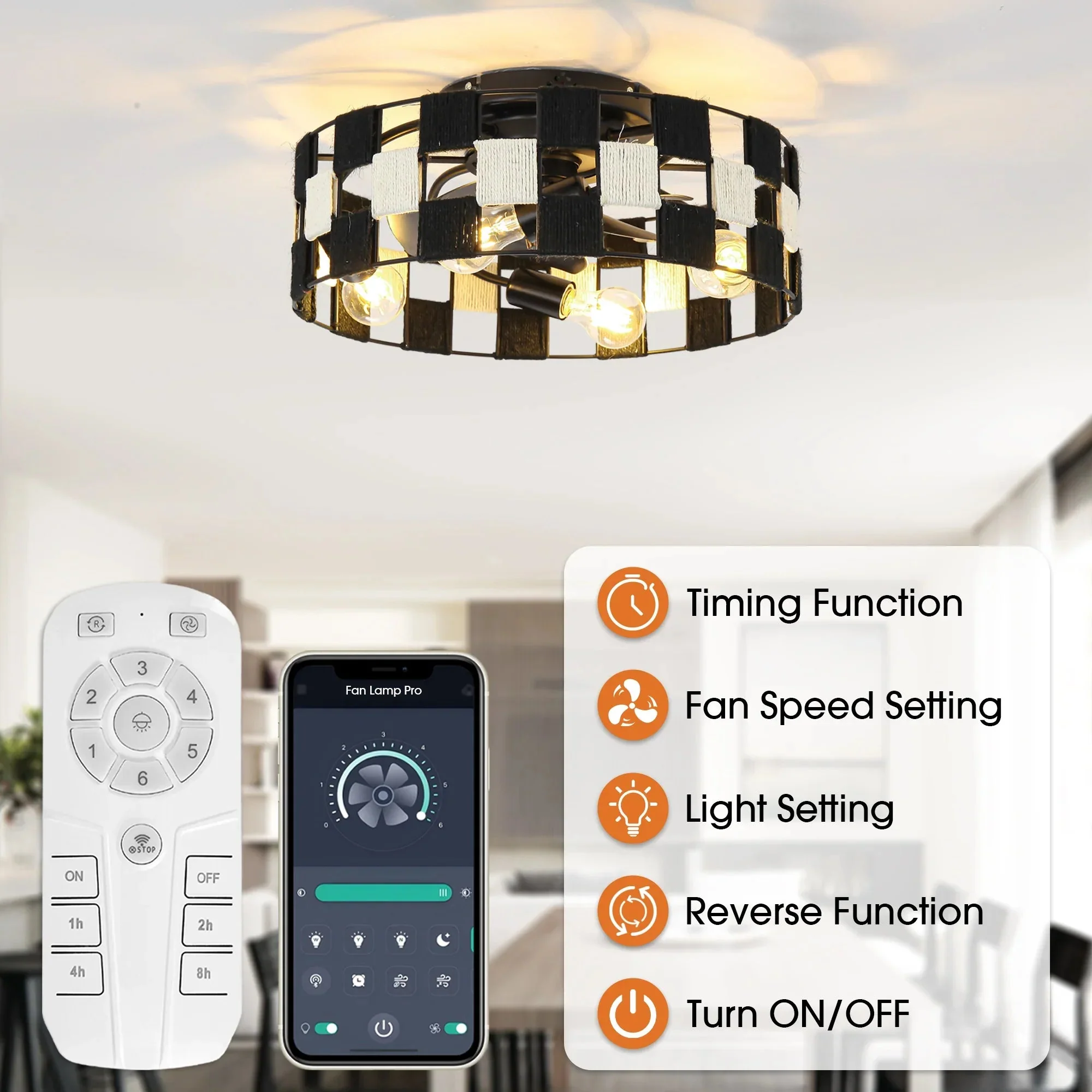 Parrot Uncle 18-Inch Black Industrial Flush Mount Ceiling Fan with Light APP and Remote Control (BBF3004) - Image 7