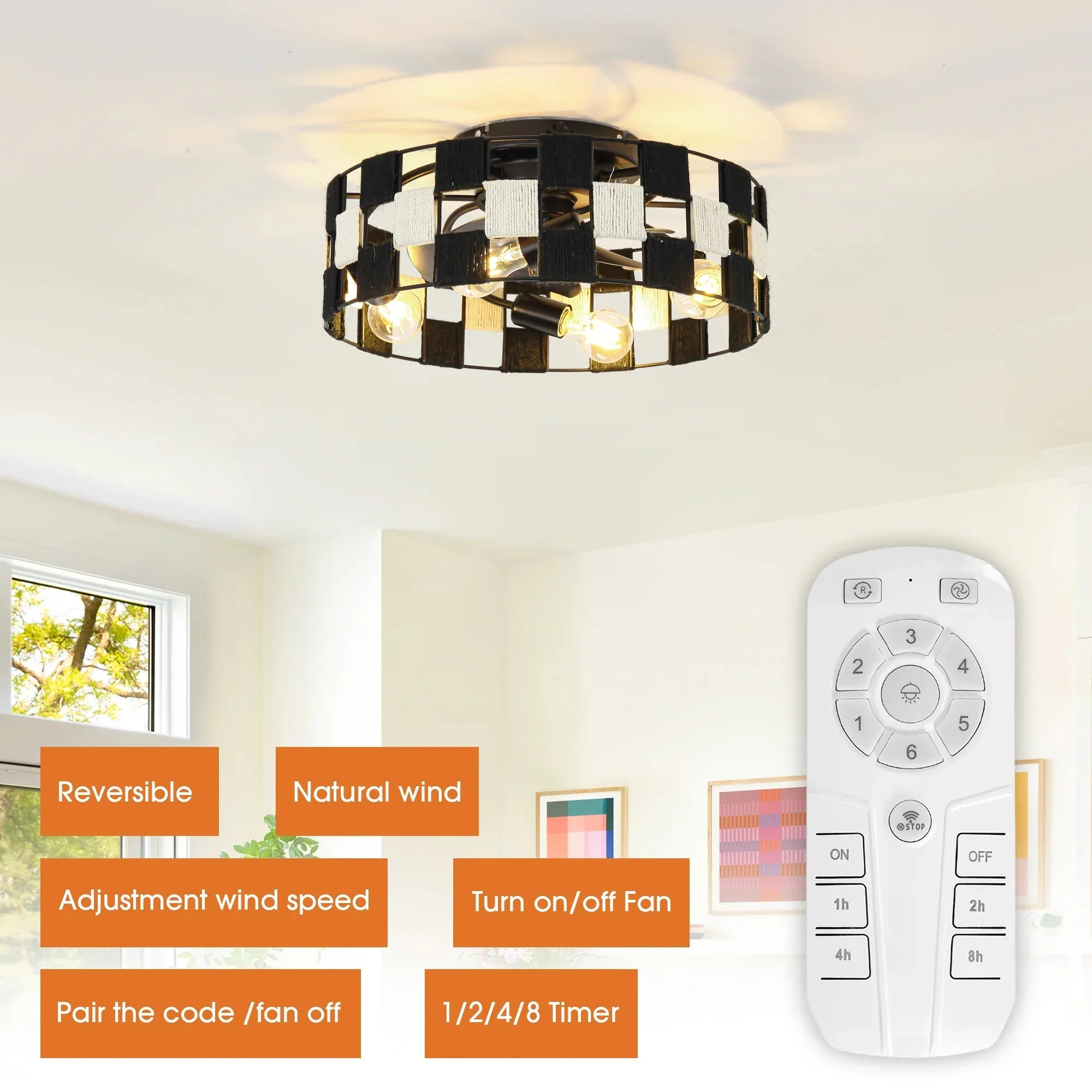 Parrot Uncle 18-Inch Black Industrial Flush Mount Ceiling Fan with Light APP and Remote Control (BBF3004) - Image 8