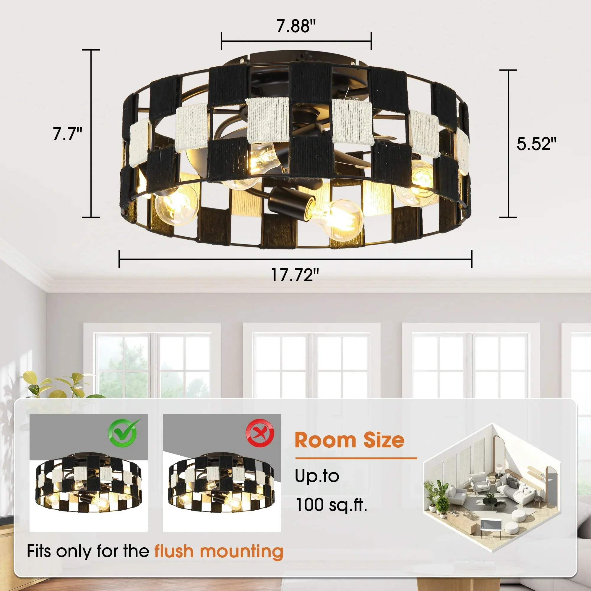 Parrot Uncle 18-Inch Black Industrial Flush Mount Ceiling Fan with Light APP and Remote Control (BBF3004) - Image 9