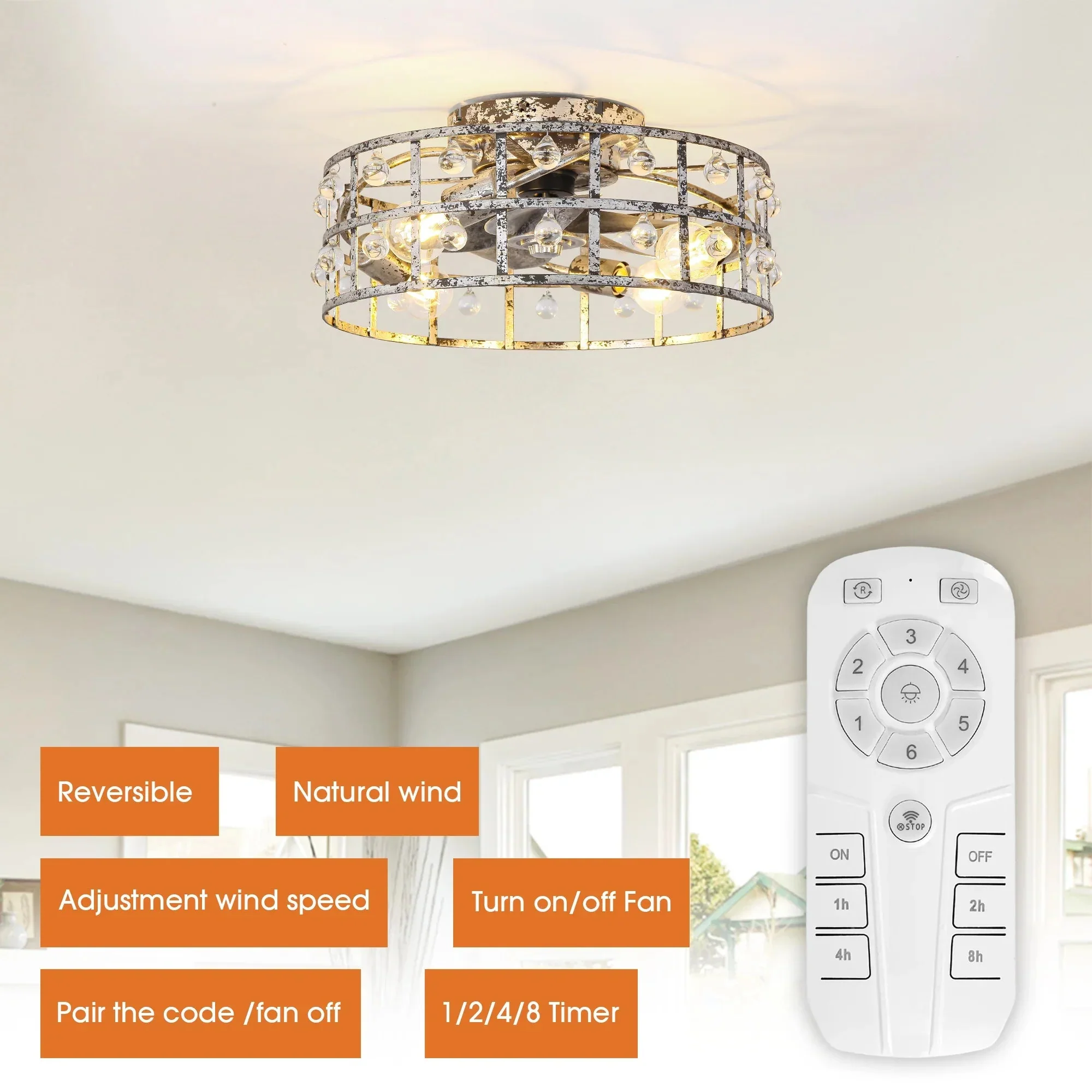 Parrot Uncle 18-Inch Retro Silver Crystal Flush Mount Ceiling Fan with APP Remote Control and Lighting (BBF3007) - Image 10