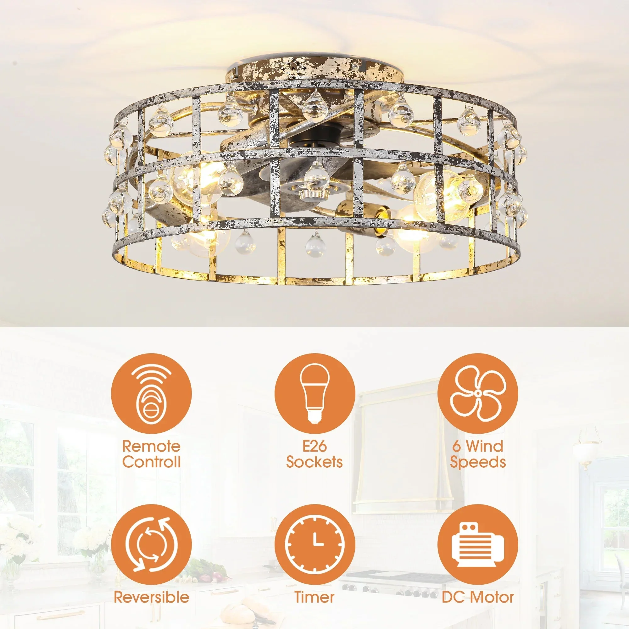 Parrot Uncle 18-Inch Retro Silver Crystal Flush Mount Ceiling Fan with APP Remote Control and Lighting (BBF3007) - Image 11