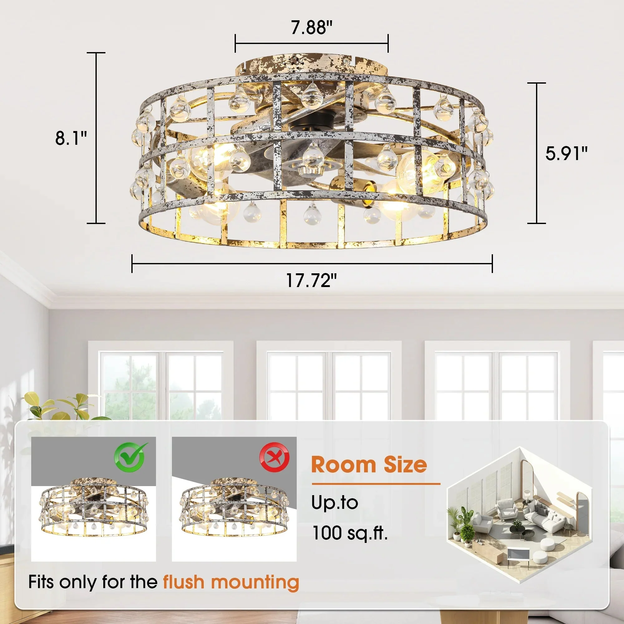 Parrot Uncle 18-Inch Retro Silver Crystal Flush Mount Ceiling Fan with APP Remote Control and Lighting (BBF3007) - Image 12