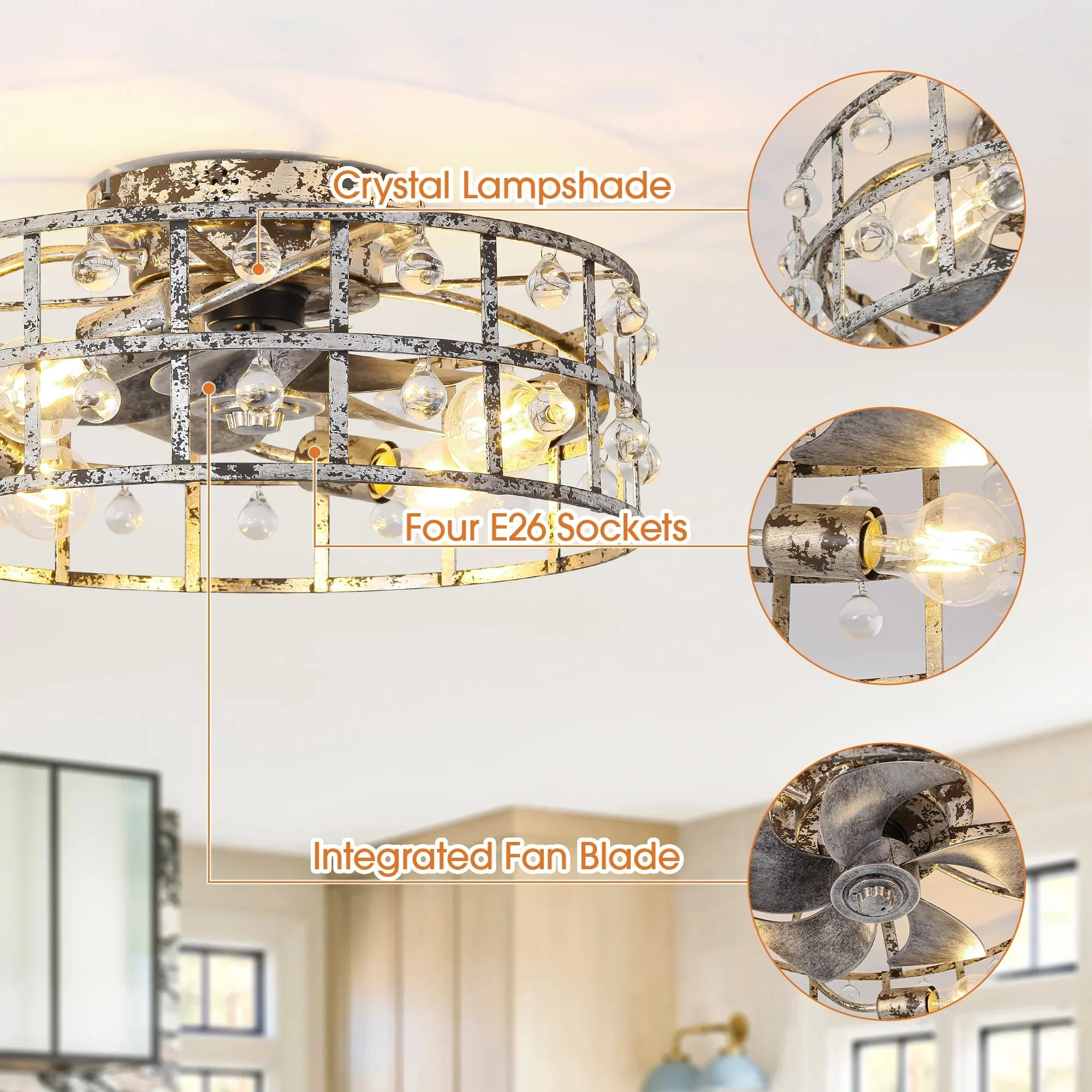Parrot Uncle 18-Inch Retro Silver Crystal Flush Mount Ceiling Fan with APP Remote Control and Lighting (BBF3007) - Image 8