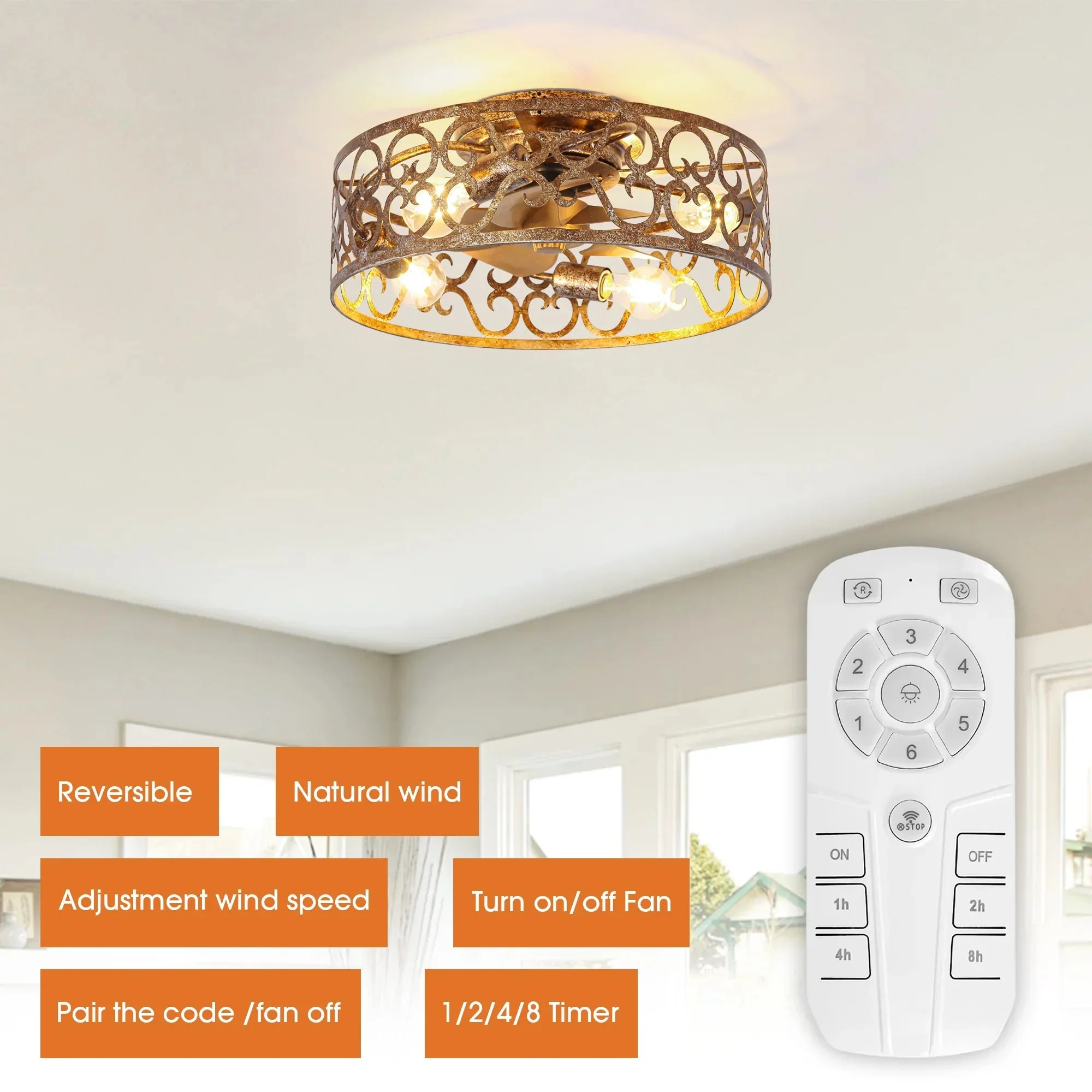Parrot Uncle 18-Inch Vintage Distressed Golden Industrial Flush Mount Ceiling Fan with Light APP and Remote Control (BBF3008) - Image 10