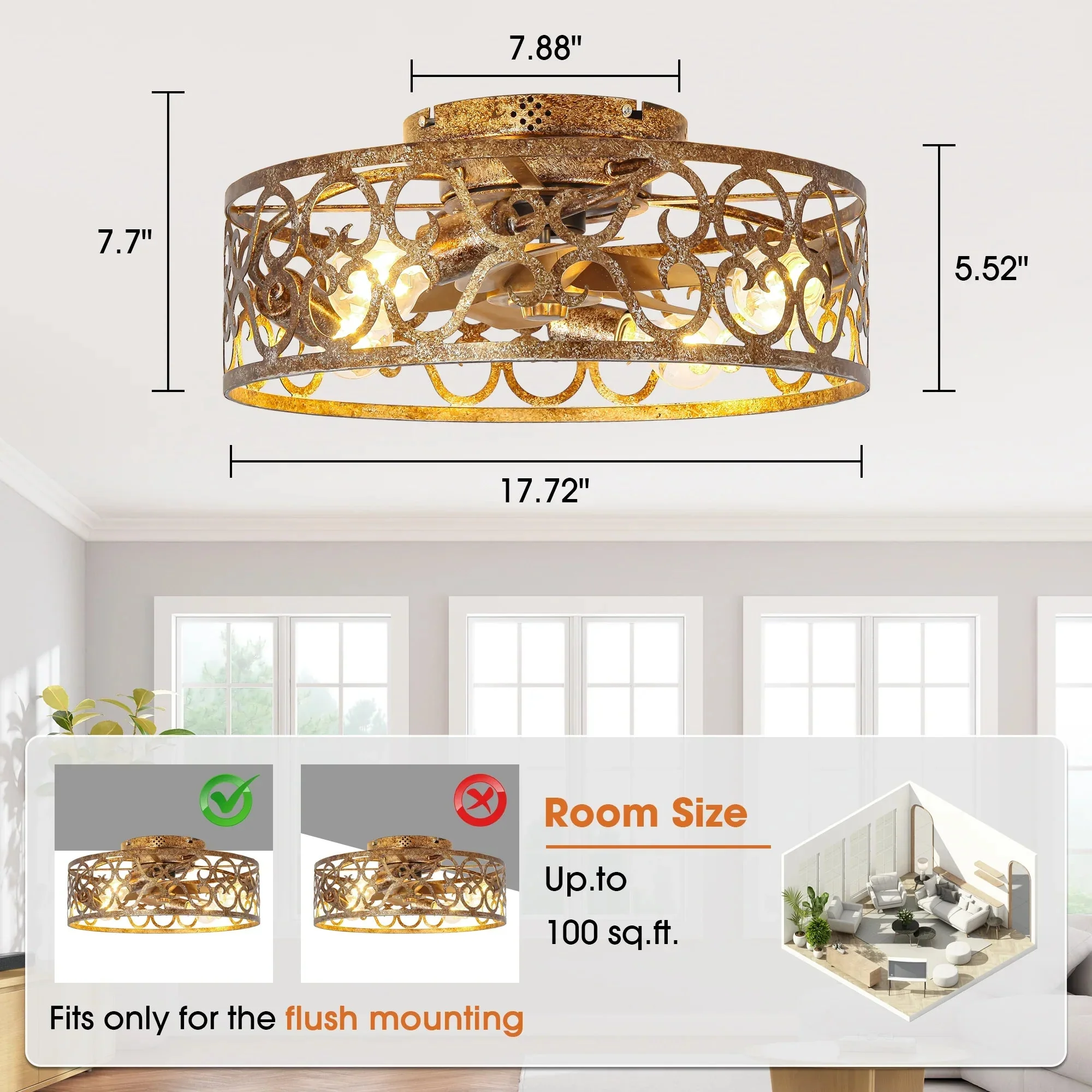 Parrot Uncle 18-Inch Vintage Distressed Golden Industrial Flush Mount Ceiling Fan with Light APP and Remote Control (BBF3008) - Image 11
