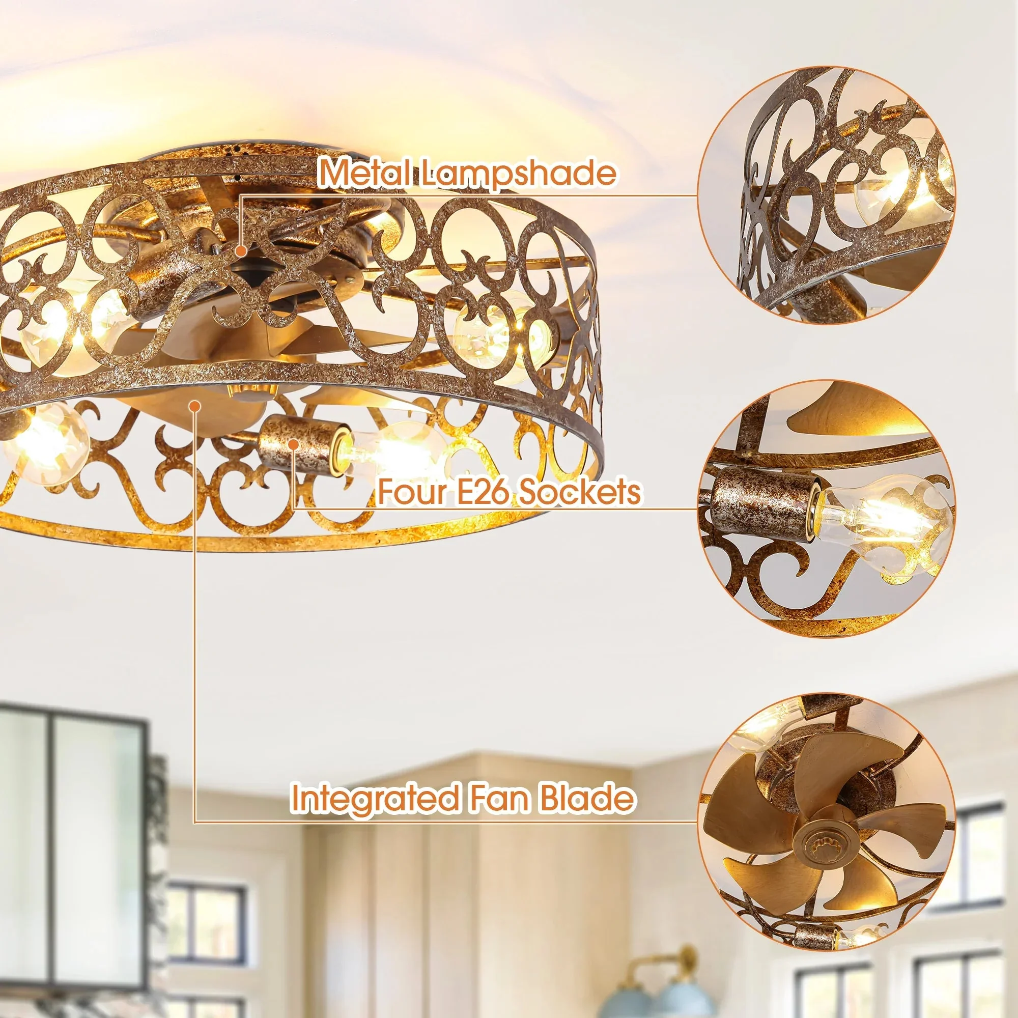 Parrot Uncle 18-Inch Vintage Distressed Golden Industrial Flush Mount Ceiling Fan with Light APP and Remote Control (BBF3008) - Image 8