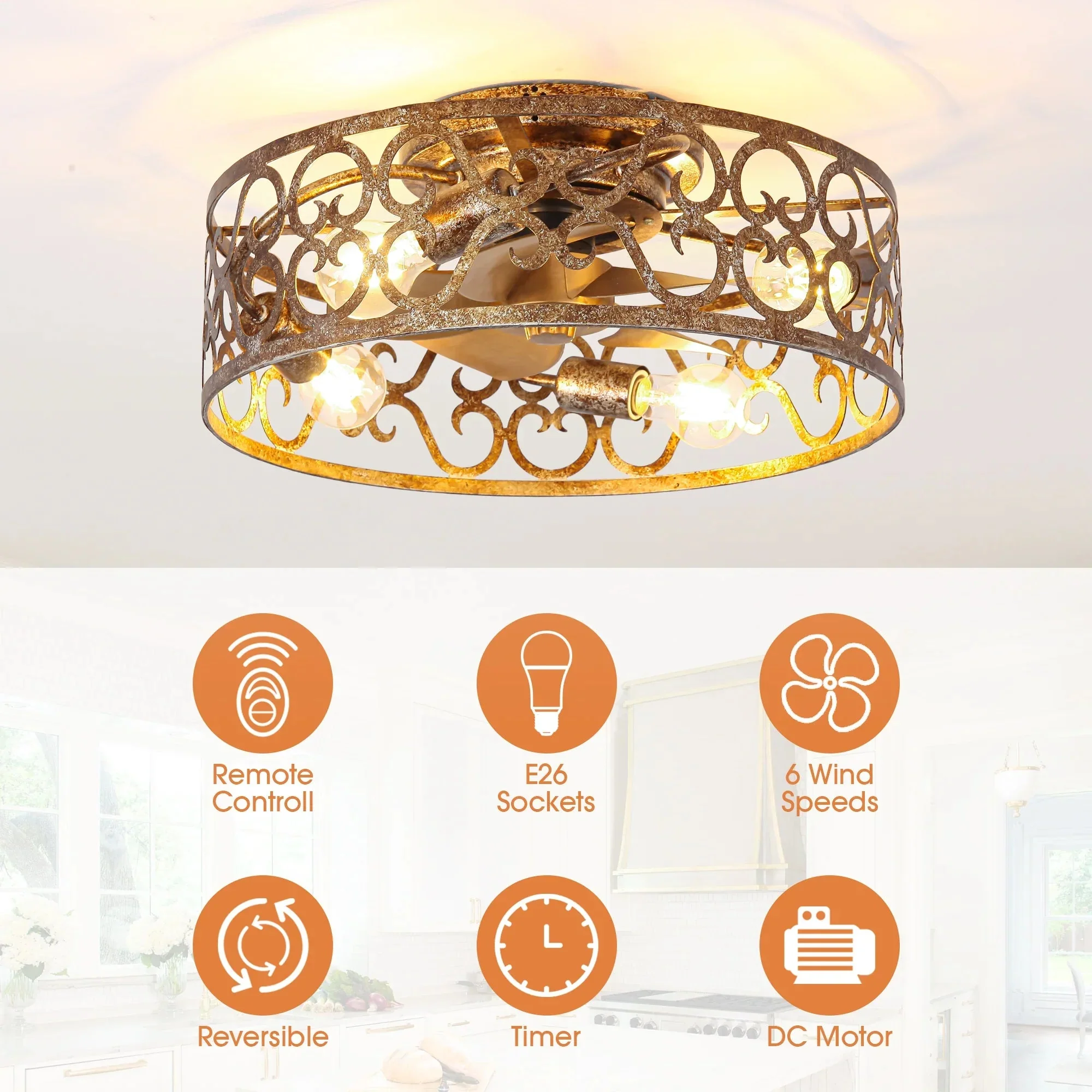 Parrot Uncle 18-Inch Vintage Distressed Golden Industrial Flush Mount Ceiling Fan with Light APP and Remote Control (BBF3008) - Image 9