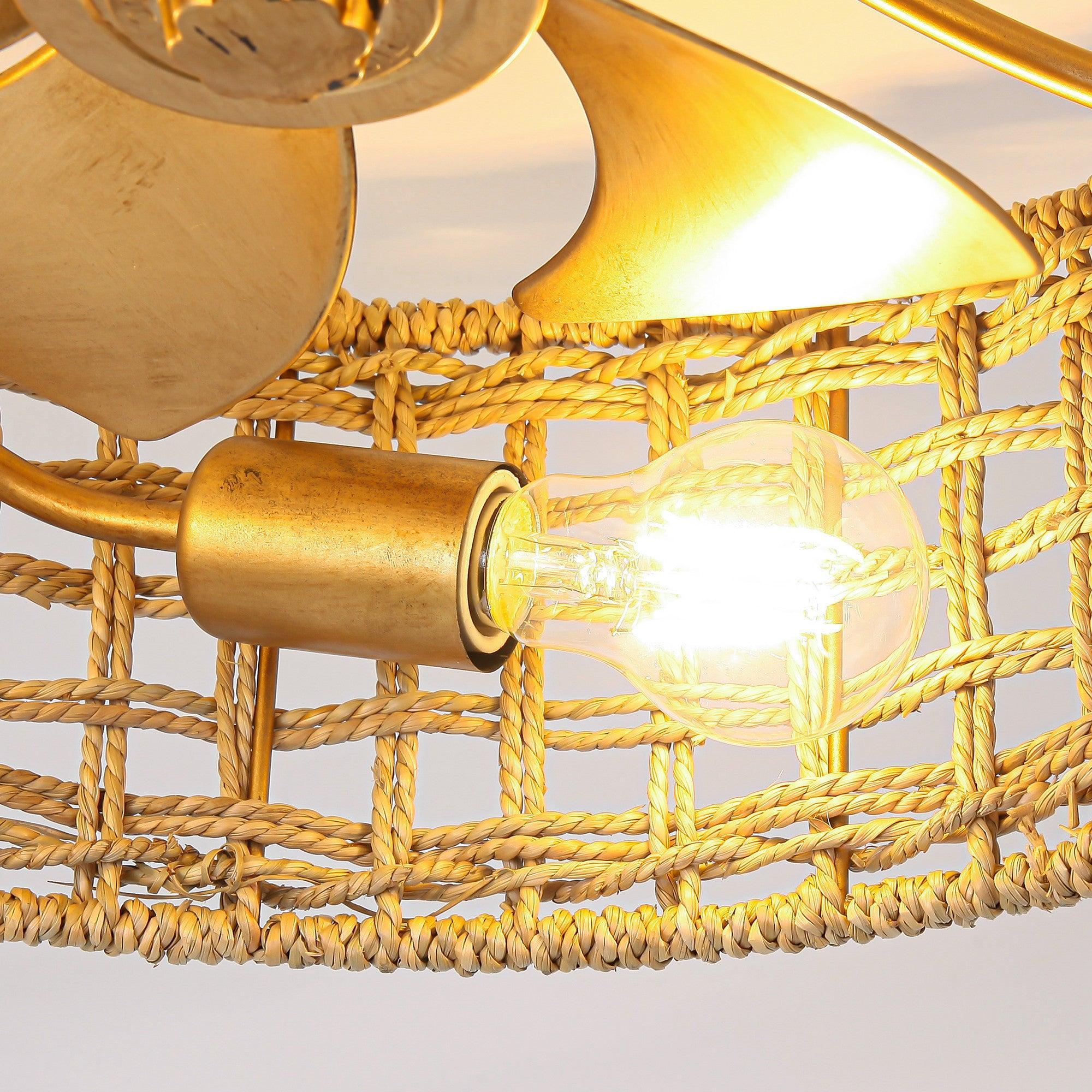 Parrot Uncle 18-Inch Vintage Gold Farmhouse Rattan Flush Mount Ceiling Fan with Light APP and Remote Control (BBF3002) - Image 10