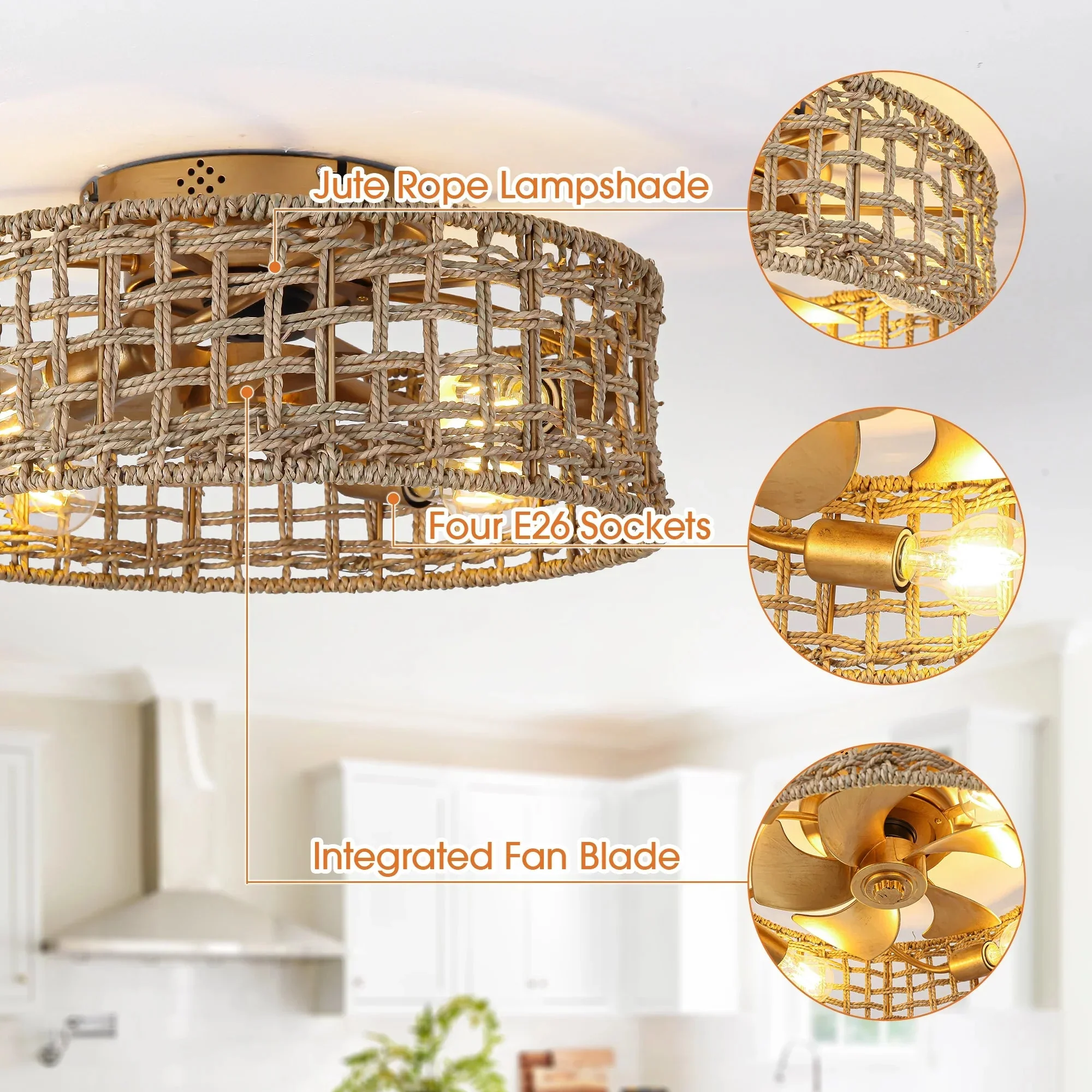 Parrot Uncle 18-Inch Vintage Gold Farmhouse Rattan Flush Mount Ceiling Fan with Light APP and Remote Control (BBF3002) - Image 5