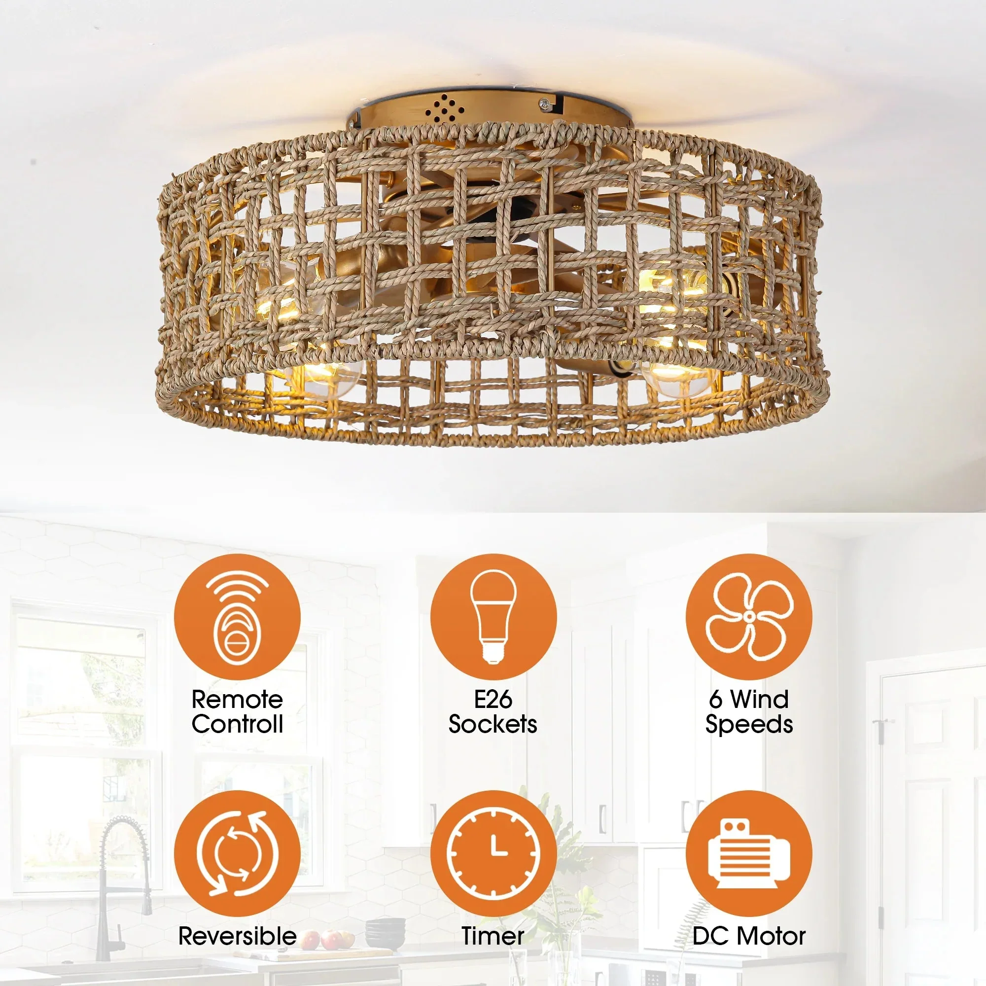 Parrot Uncle 18-Inch Vintage Gold Farmhouse Rattan Flush Mount Ceiling Fan with Light APP and Remote Control (BBF3002) - Image 6
