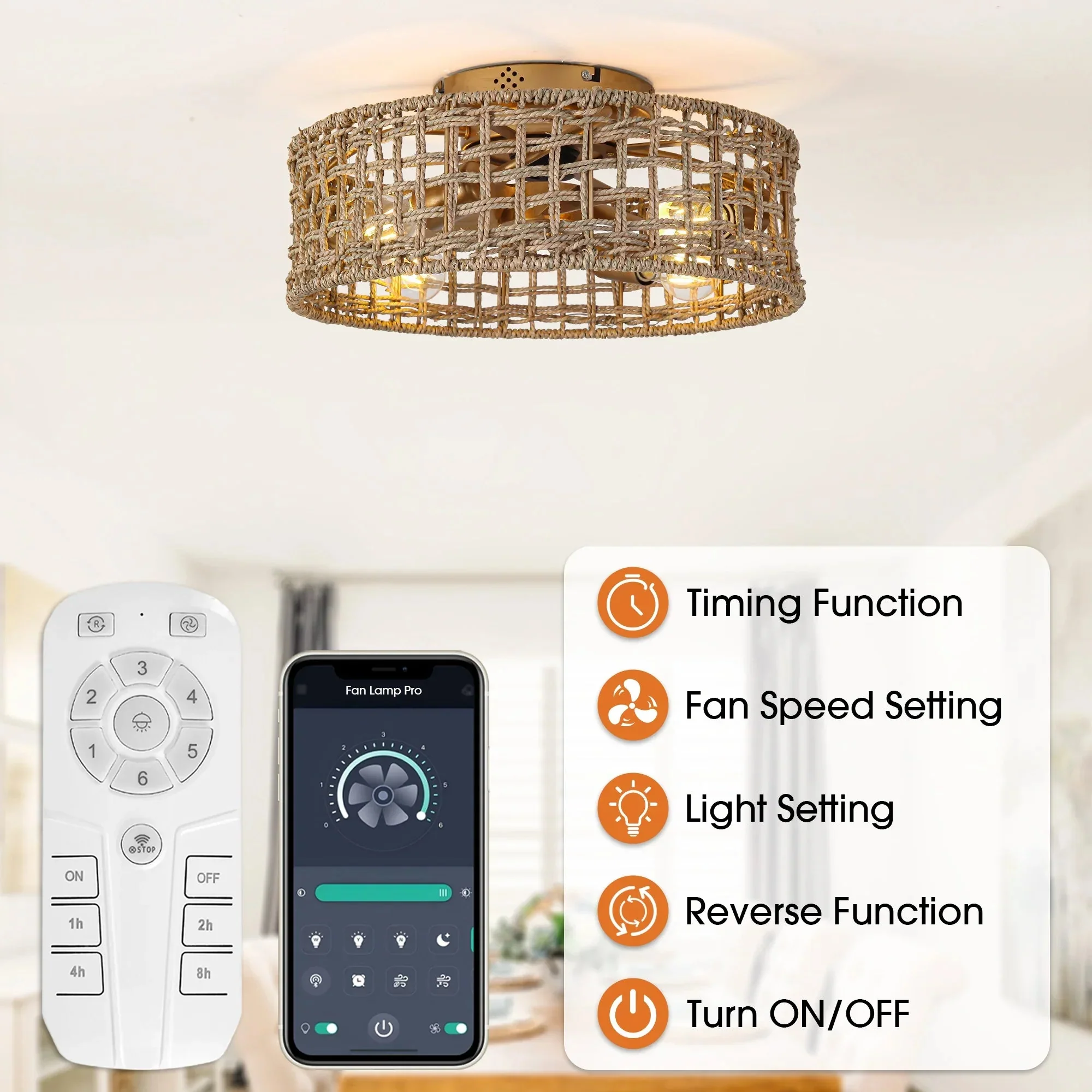 Parrot Uncle 18-Inch Vintage Gold Farmhouse Rattan Flush Mount Ceiling Fan with Light APP and Remote Control (BBF3002) - Image 7