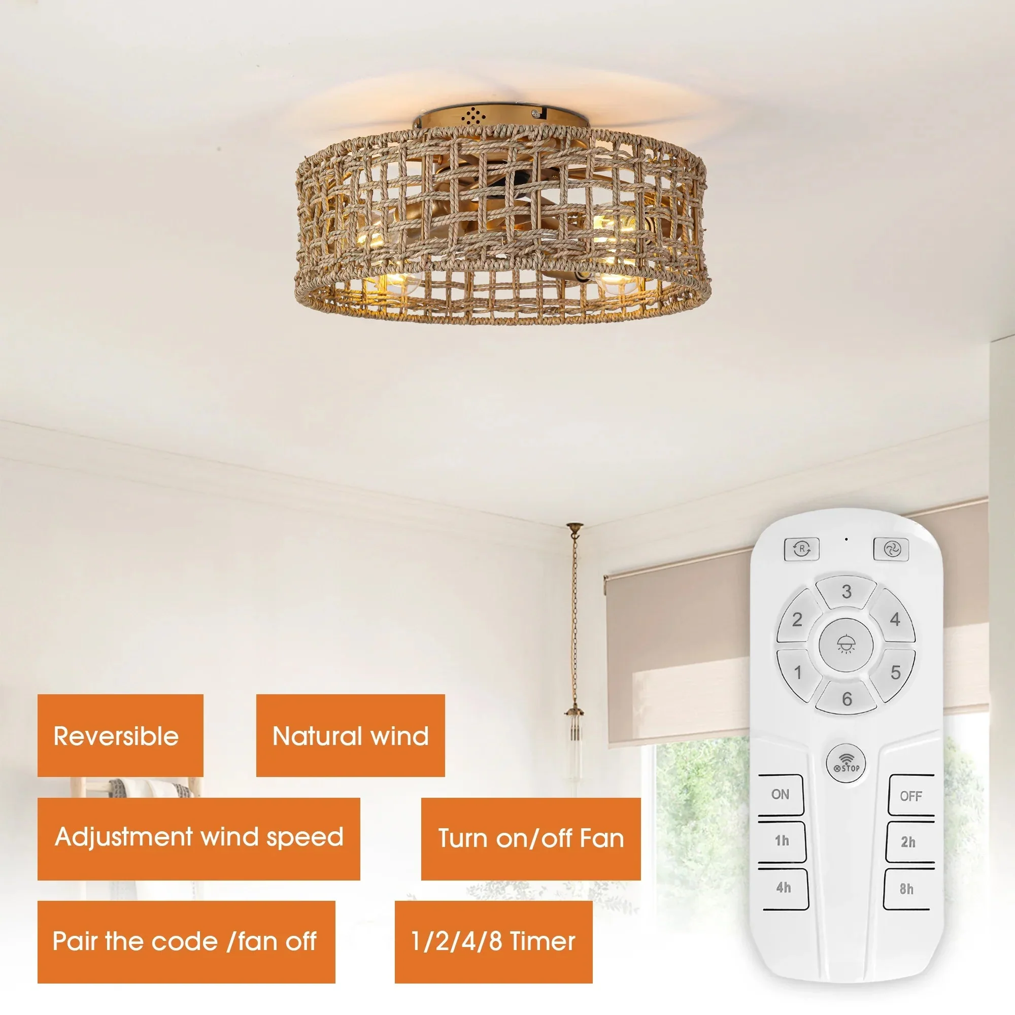 Parrot Uncle 18-Inch Vintage Gold Farmhouse Rattan Flush Mount Ceiling Fan with Light APP and Remote Control (BBF3002) - Image 8