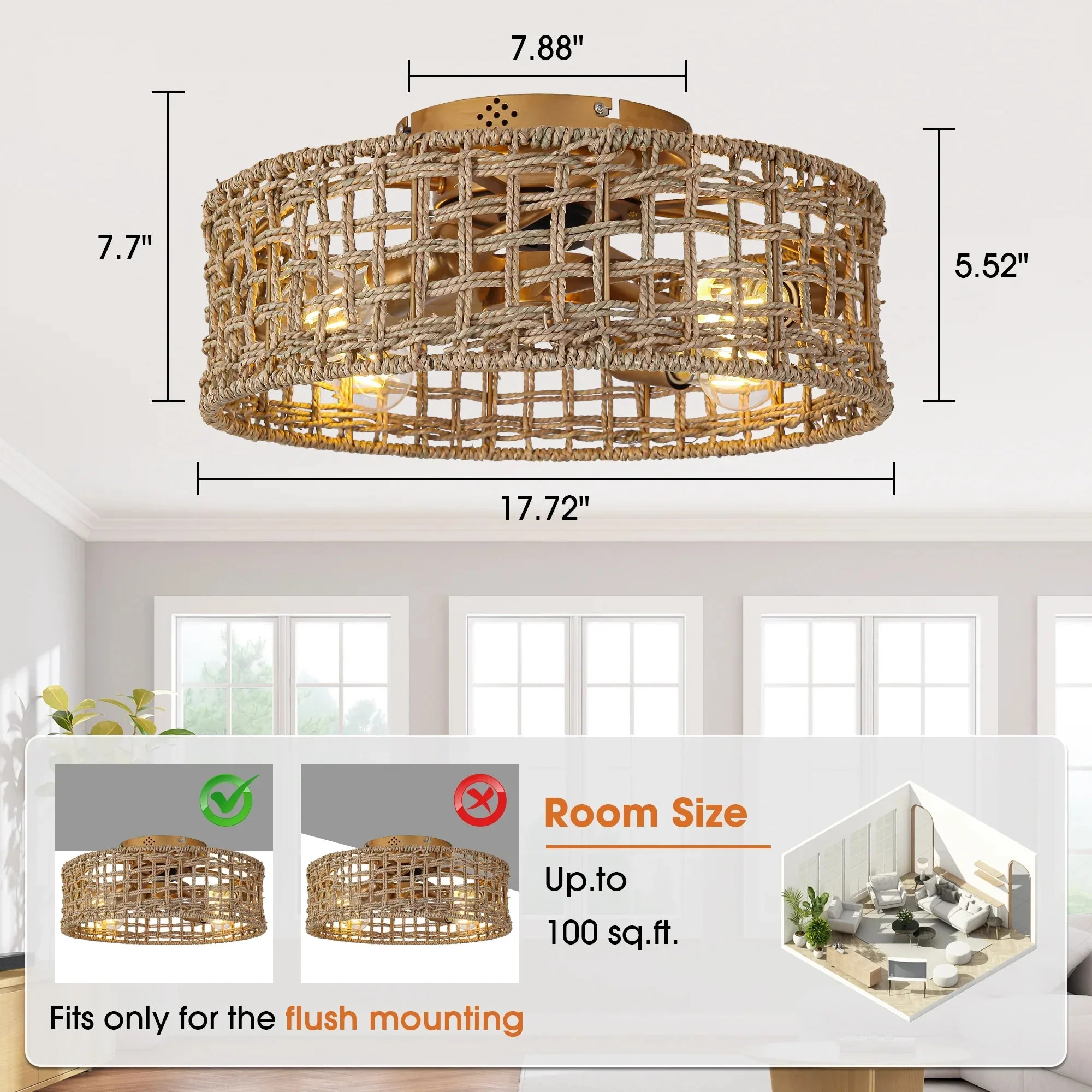 Parrot Uncle 18-Inch Vintage Gold Farmhouse Rattan Flush Mount Ceiling Fan with Light APP and Remote Control (BBF3002) - Image 9