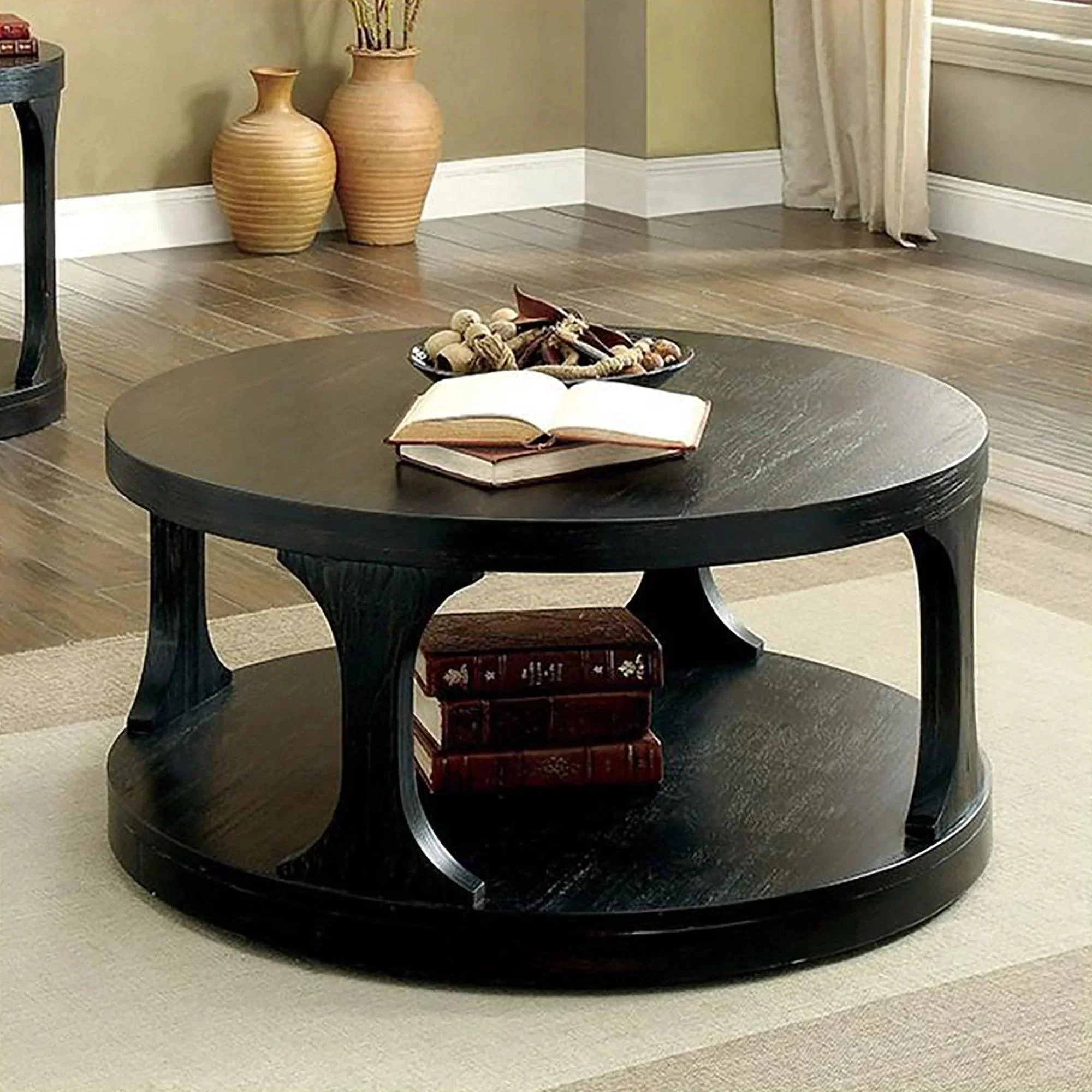 Parrot Uncle 18-Inch Antique Black Round Structure Coffee Table with Open Shelf (CM4422C-PU) - Image 4