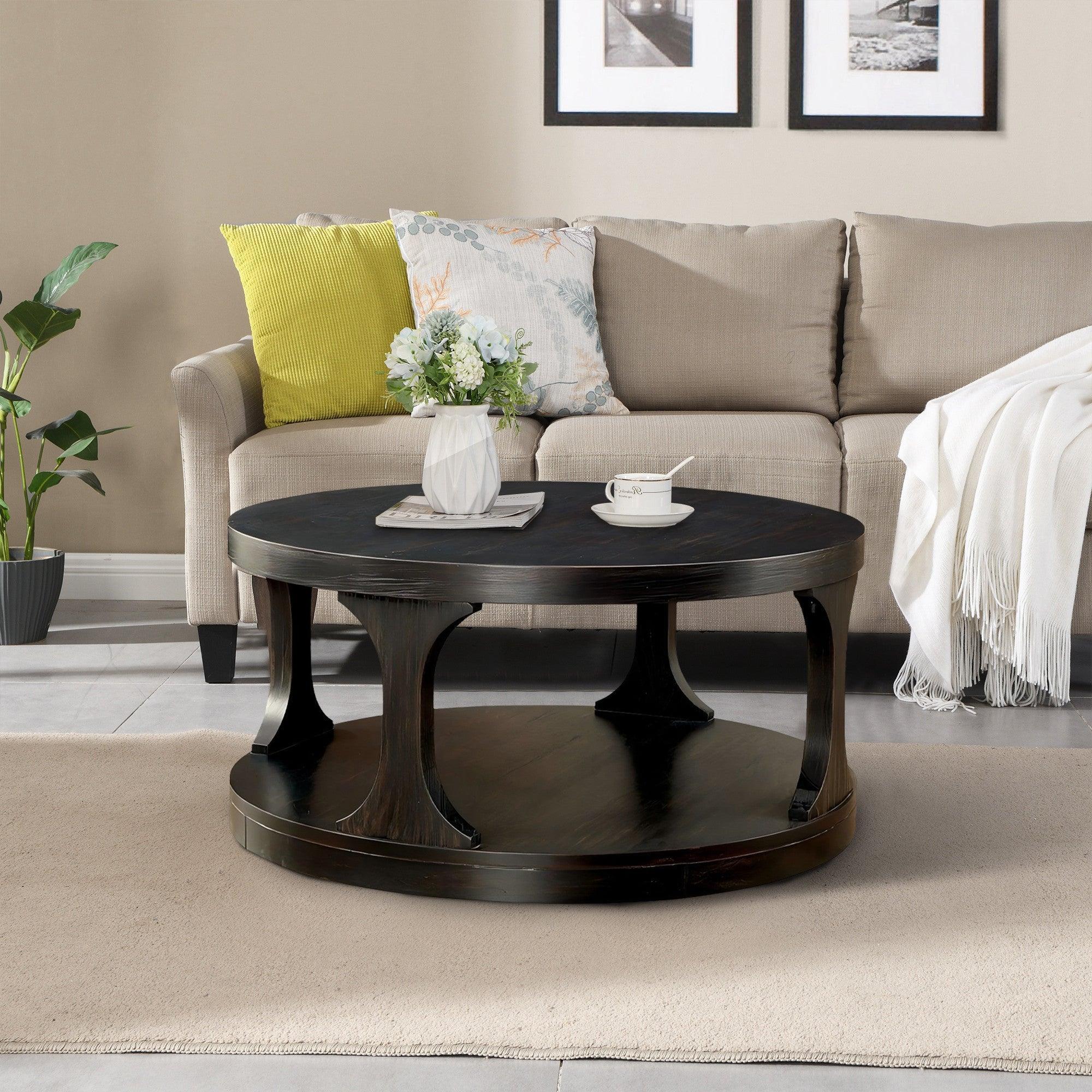 Parrot Uncle 18-Inch Antique Black Round Structure Coffee Table with Open Shelf (CM4422C-PU) - Image 5