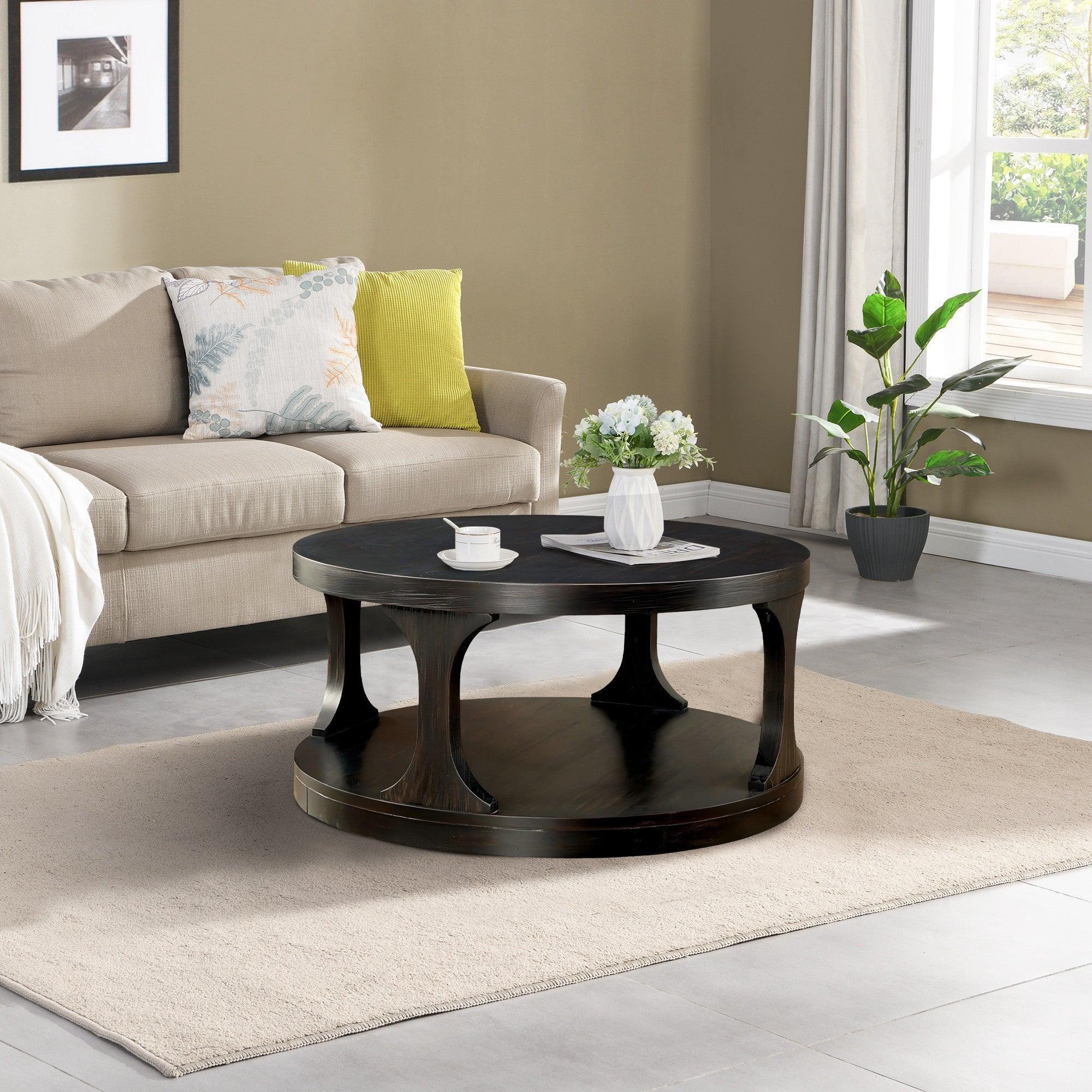 Parrot Uncle 18-Inch Antique Black Round Structure Coffee Table with Open Shelf (CM4422C-PU) - Image 6