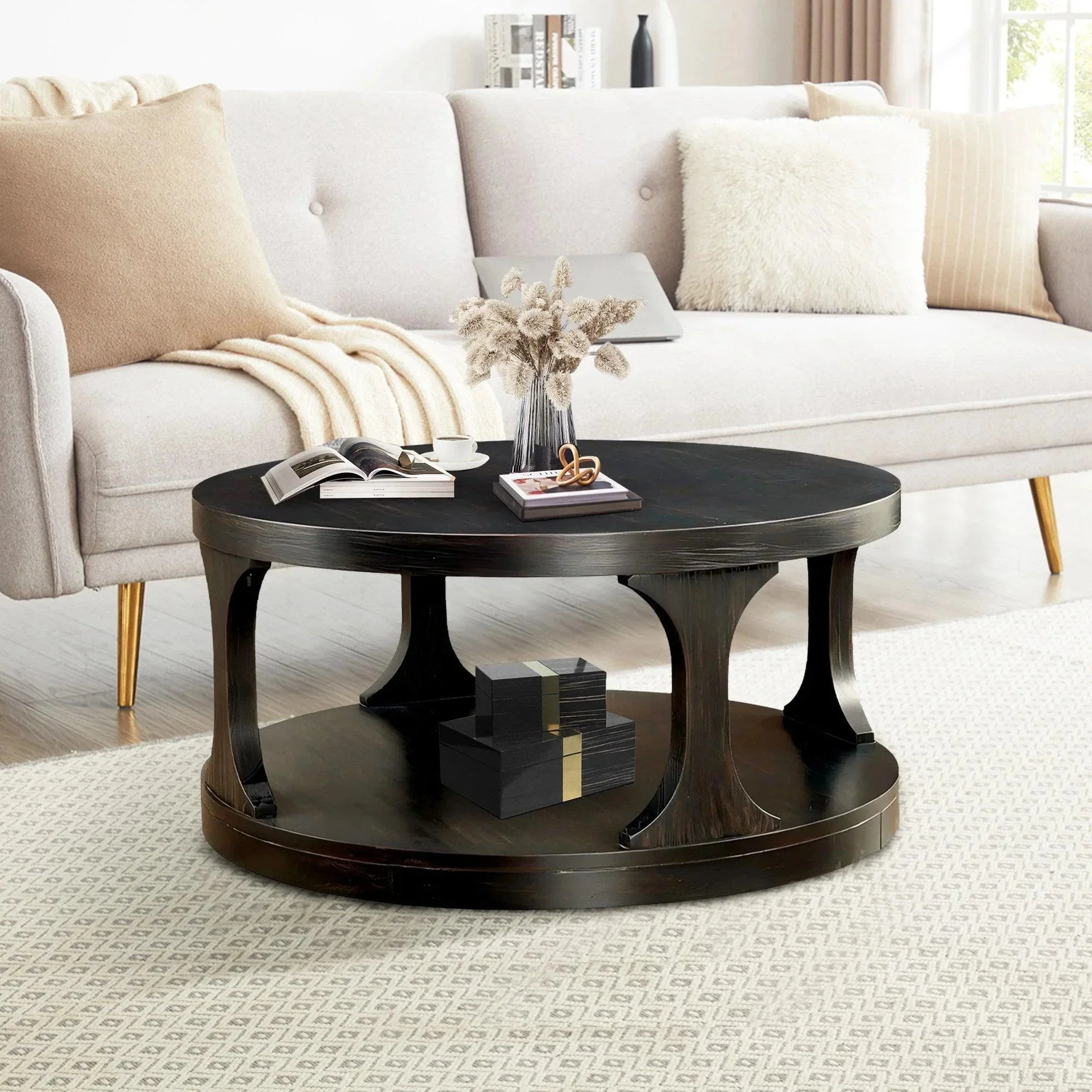 Parrot Uncle 18-Inch Antique Black Round Structure Coffee Table with Open Shelf (CM4422C-PU) - Image 7