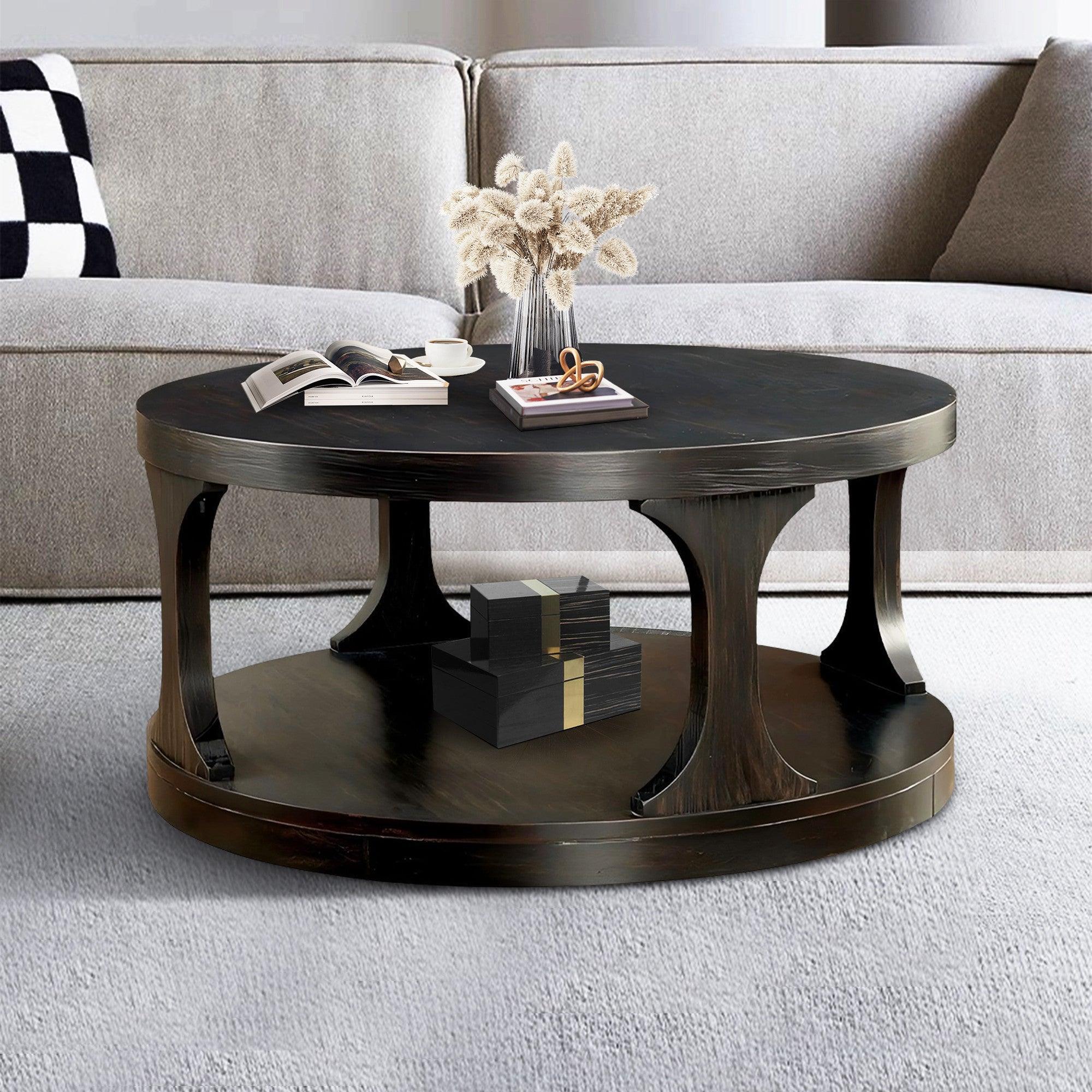 Parrot Uncle 18-Inch Antique Black Round Structure Coffee Table with Open Shelf (CM4422C-PU) - Image 8