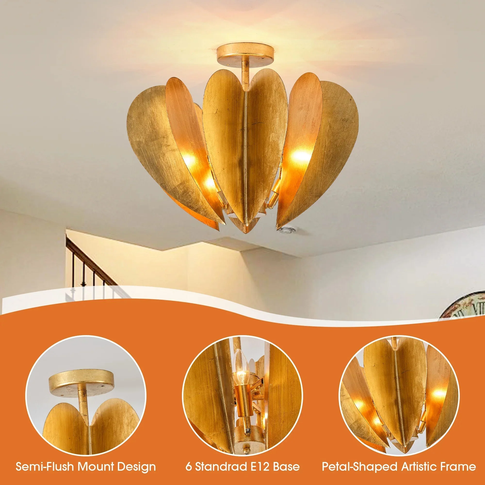 Parrot Uncle 19-Inch Elvira 6-Light Farmhouse Vintage Distressed Golden Semi-Flush Mount Ceiling Light (BBC3001) - Image 7