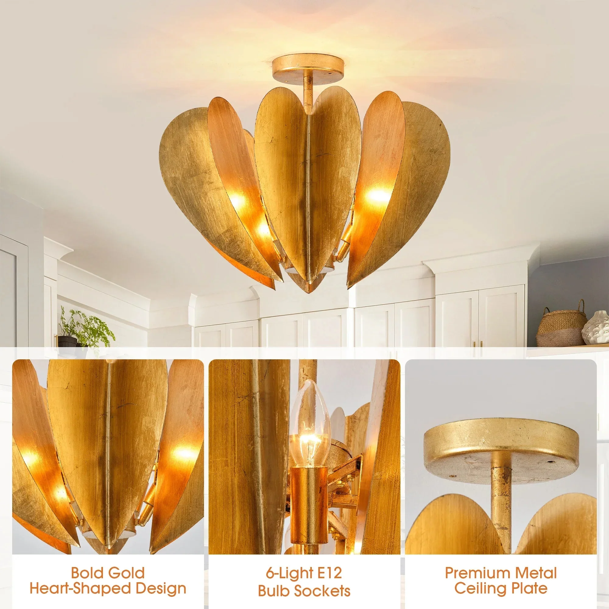 Parrot Uncle 19-Inch Elvira 6-Light Farmhouse Vintage Distressed Golden Semi-Flush Mount Ceiling Light (BBC3001) - Image 8