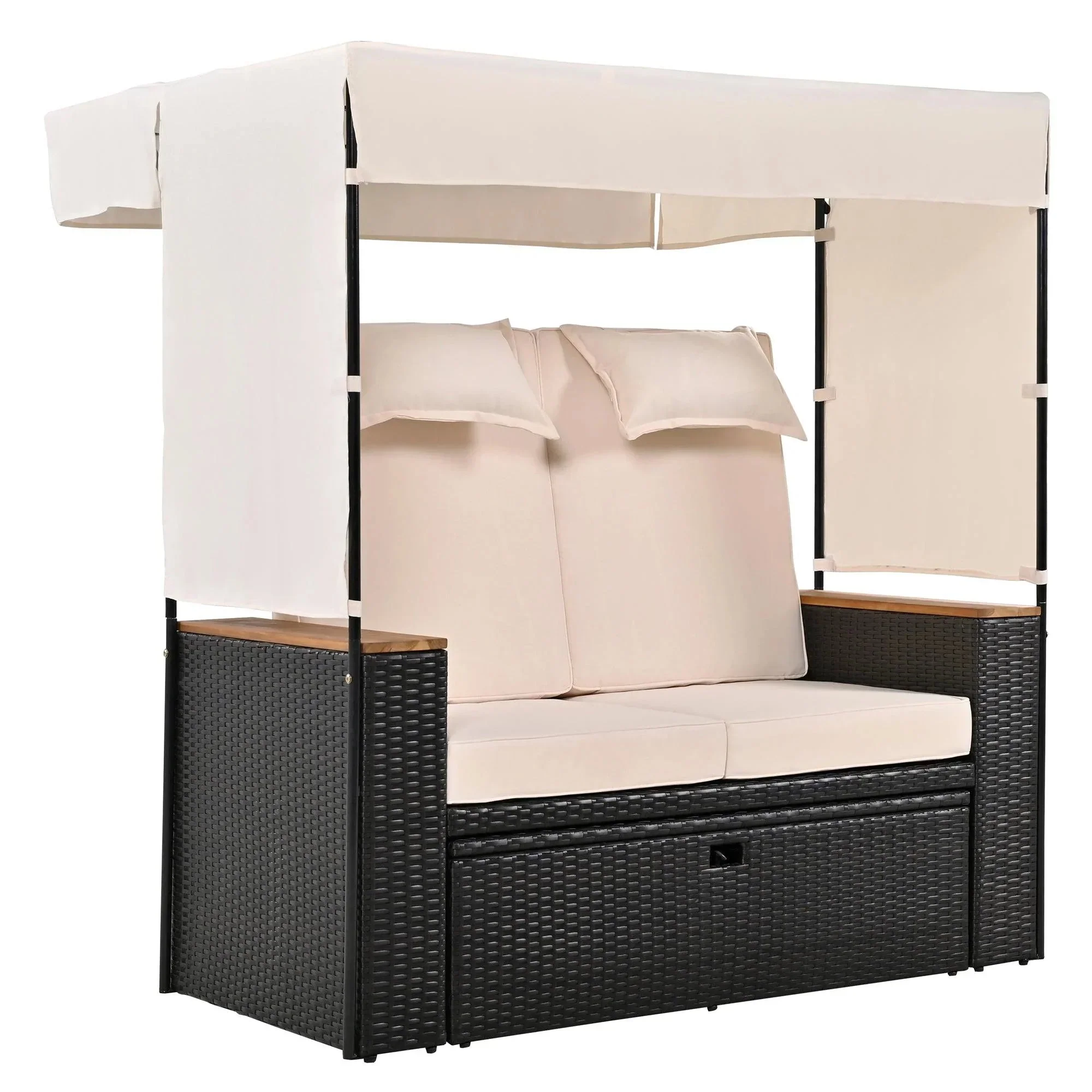 Parrot Uncle 2-Piece Outdoor Rattan Daybed with Bench Lounge Roof Set and Cushions for Poolside, Backyard and Garden - Image 10
