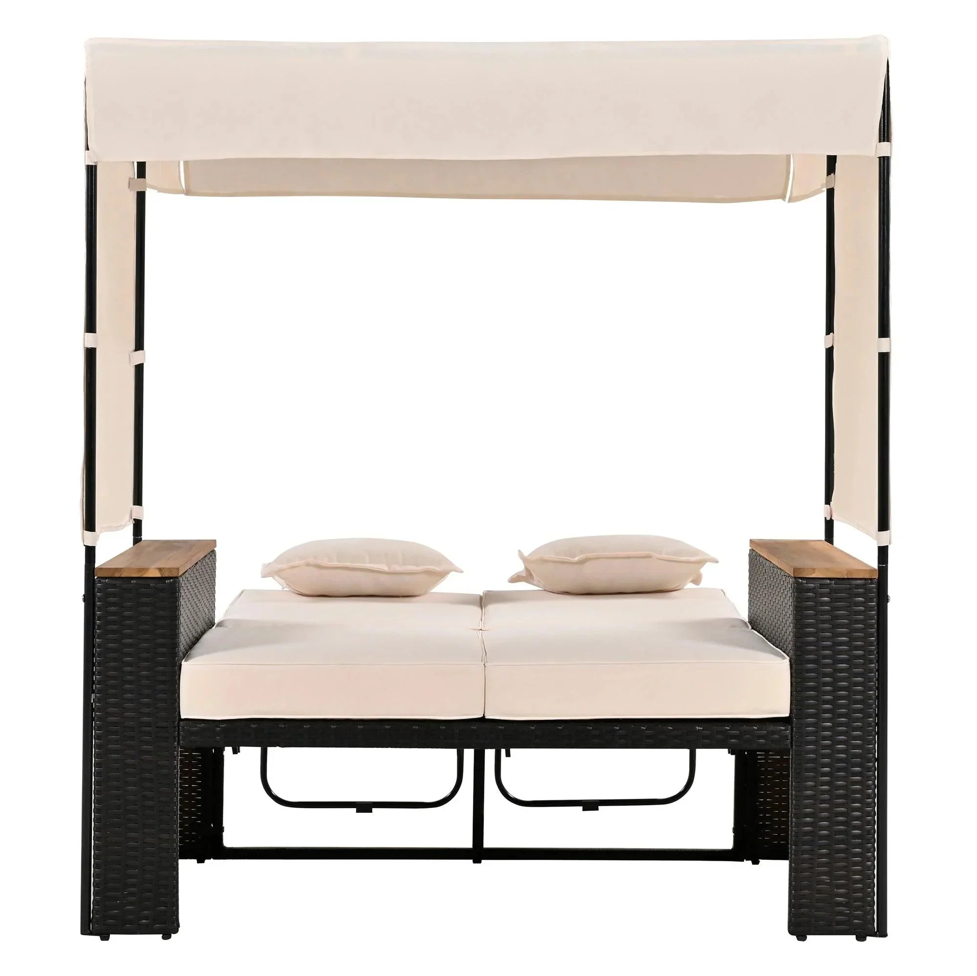 Parrot Uncle 2-Piece Outdoor Rattan Daybed with Bench Lounge Roof Set and Cushions for Poolside, Backyard and Garden - Image 11