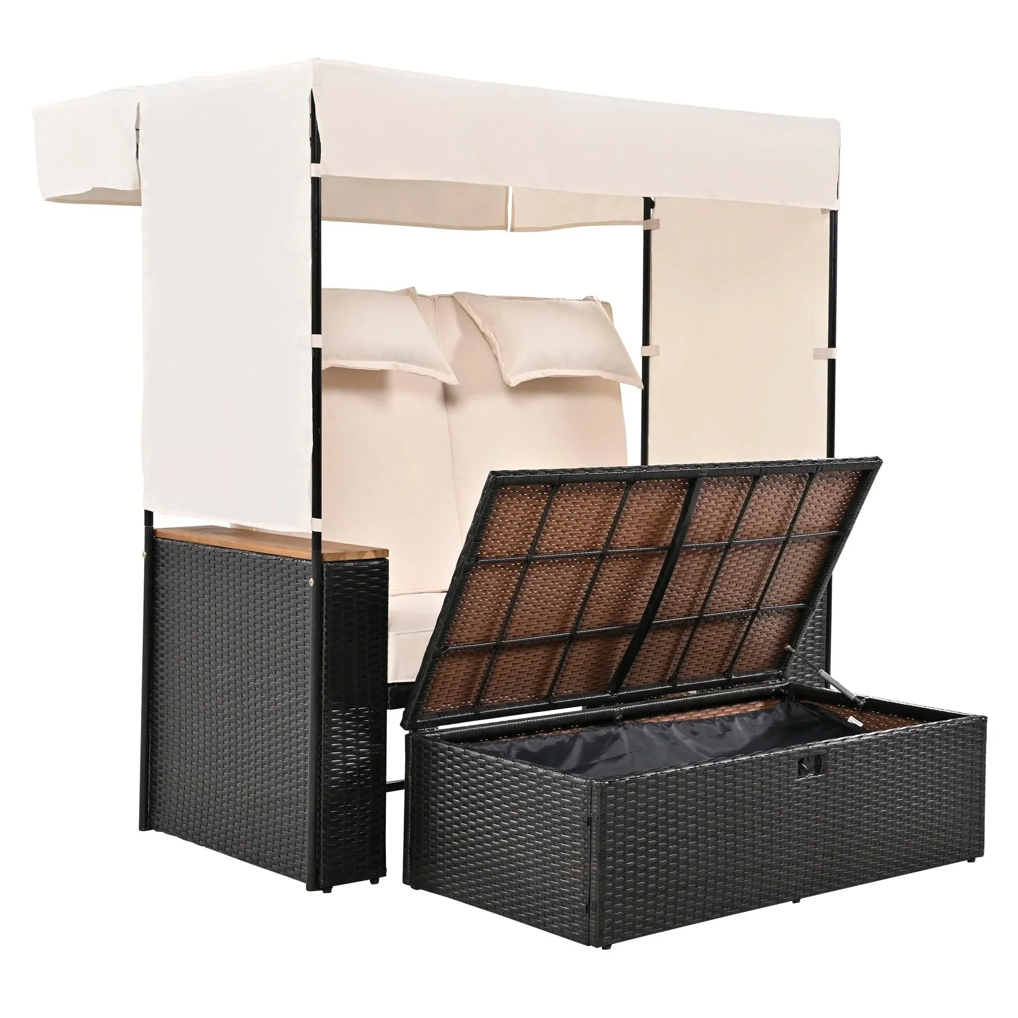 Parrot Uncle 2-Piece Outdoor Rattan Daybed with Bench Lounge Roof Set and Cushions for Poolside, Backyard and Garden - Image 14