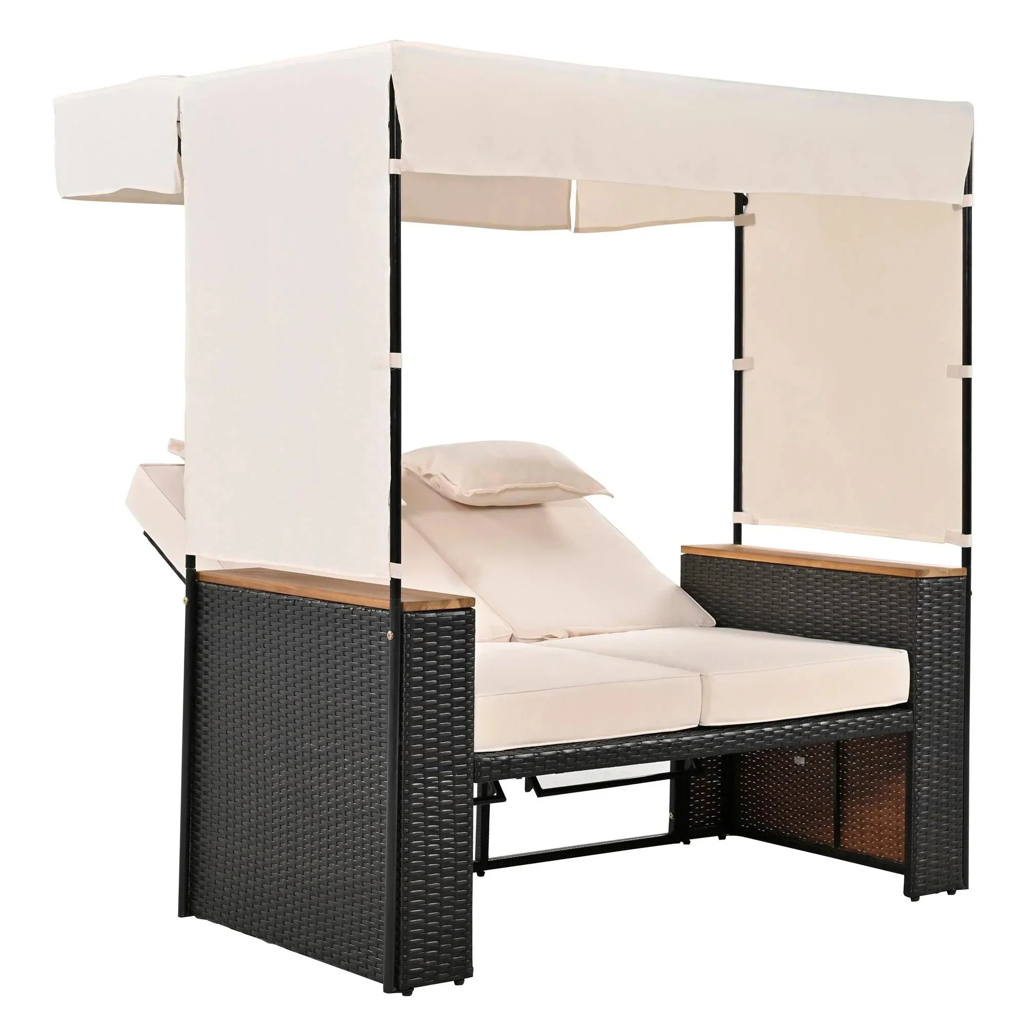 Parrot Uncle 2-Piece Outdoor Rattan Daybed with Bench Lounge Roof Set and Cushions for Poolside, Backyard and Garden - Image 18