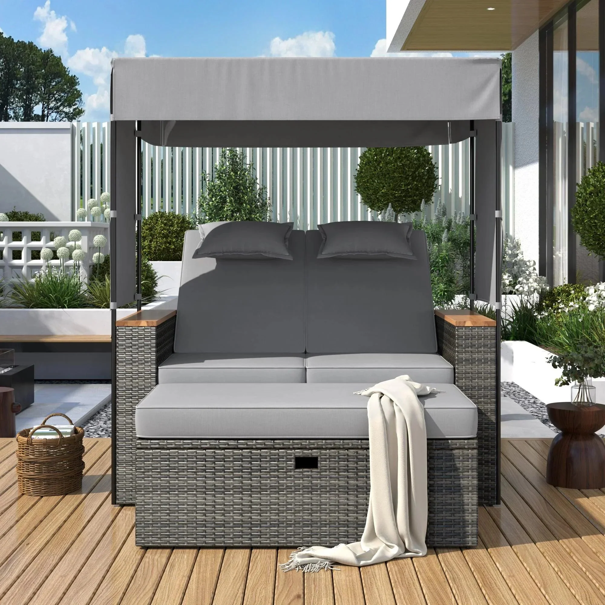 Parrot Uncle 2-Piece Outdoor Rattan Daybed with Bench Lounge Roof Set and Cushions for Poolside, Backyard and Garden - Image 19