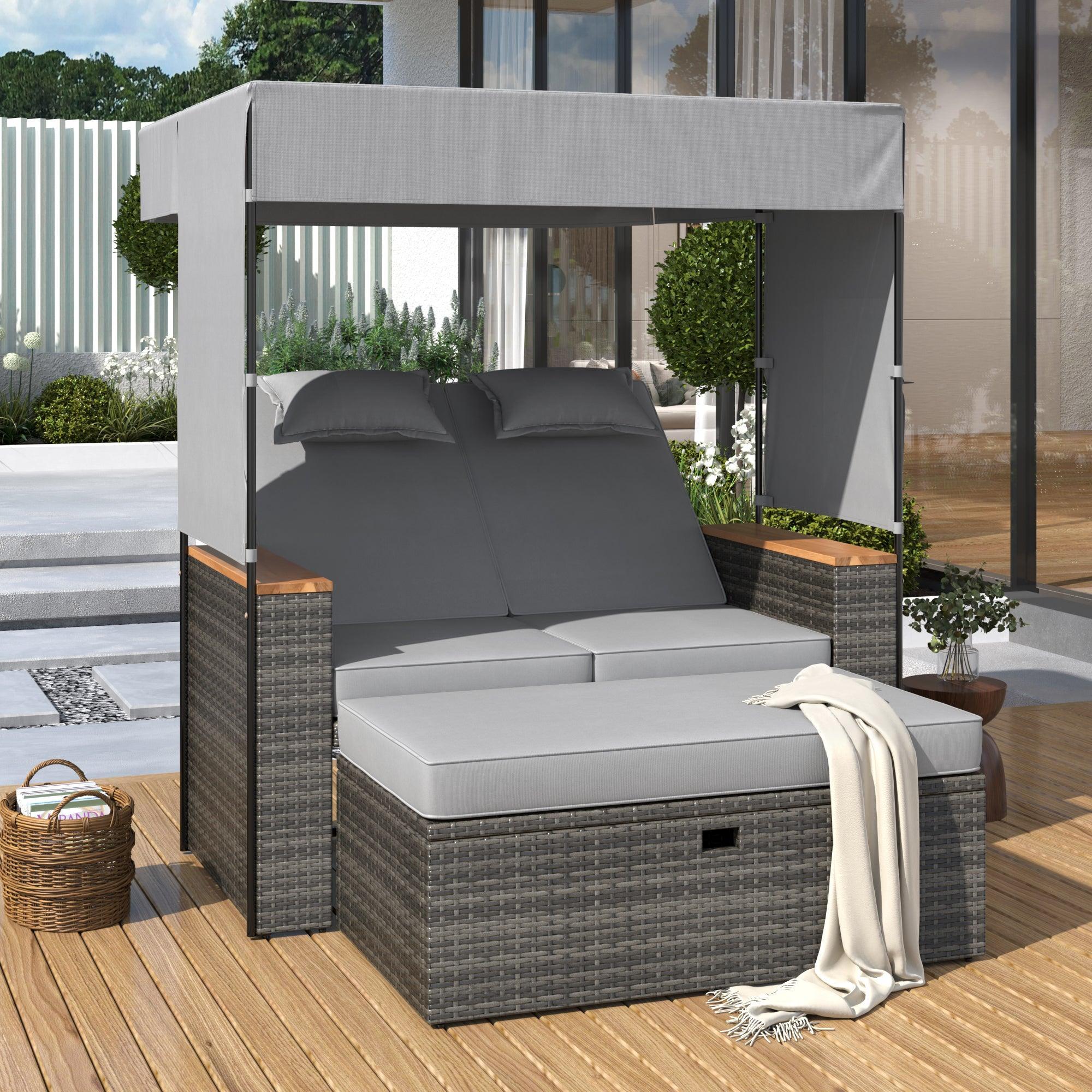 Parrot Uncle 2-Piece Outdoor Rattan Daybed with Bench Lounge Roof Set and Cushions for Poolside, Backyard and Garden - Image 20