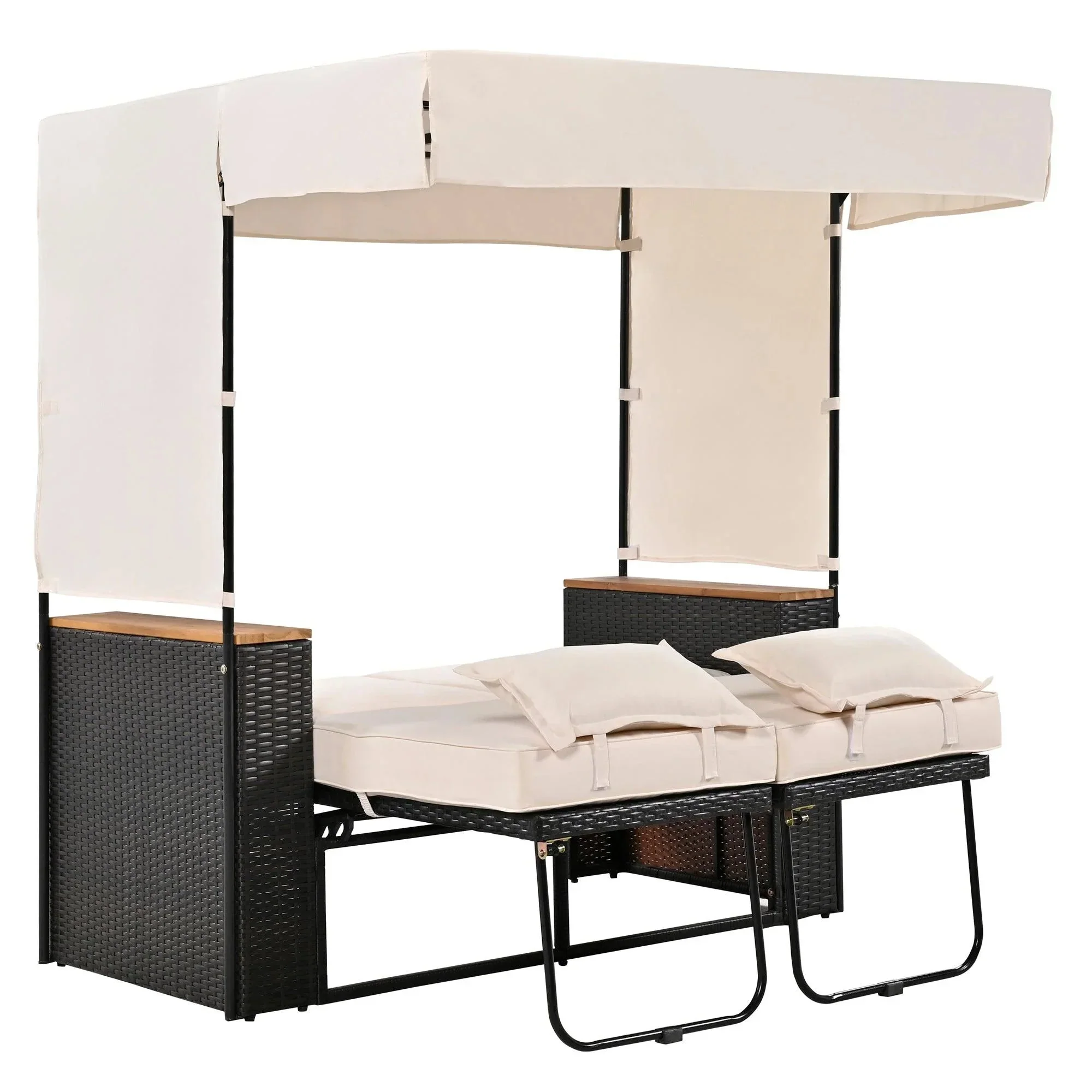 Parrot Uncle 2-Piece Outdoor Rattan Daybed with Bench Lounge Roof Set and Cushions for Poolside, Backyard and Garden - Image 21