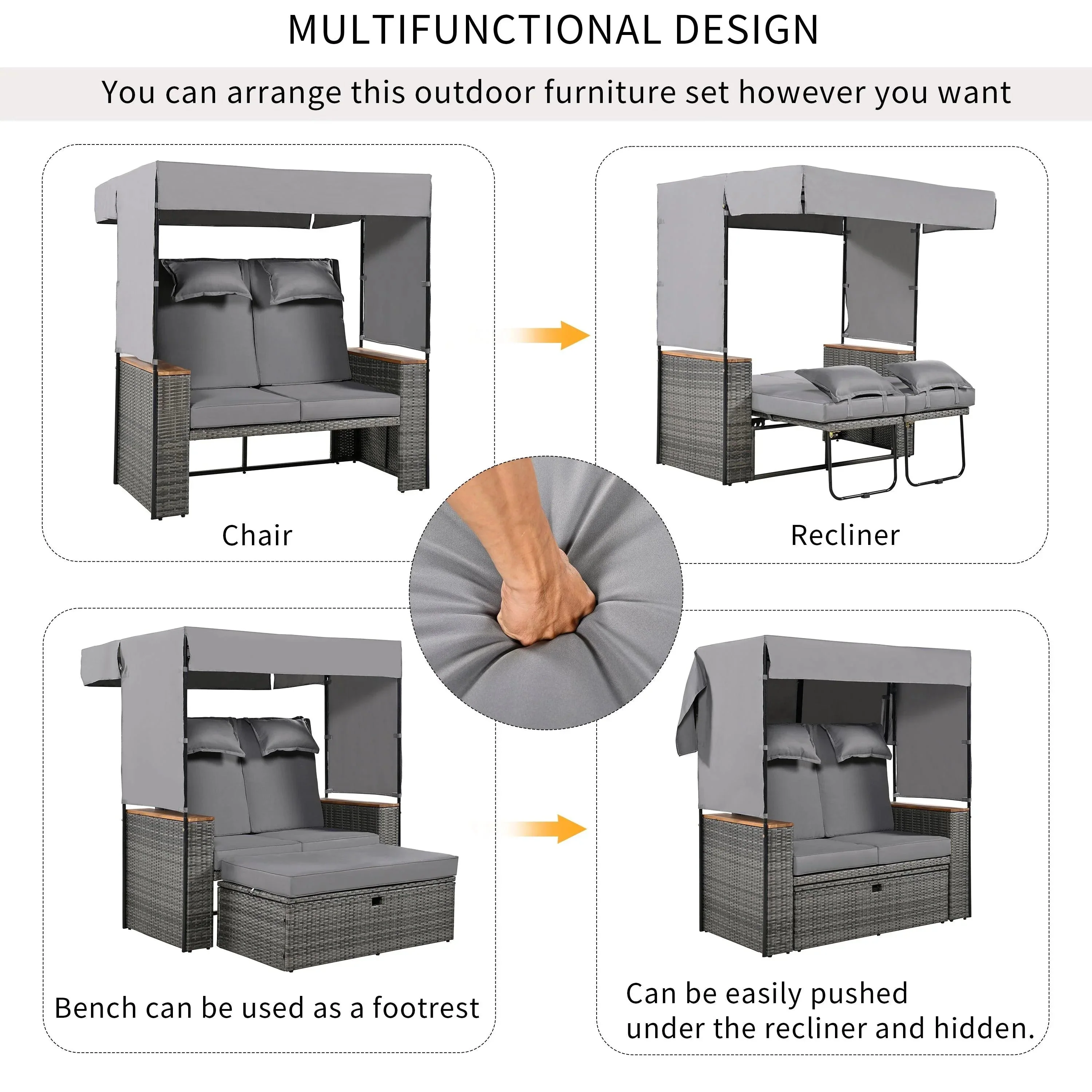 Parrot Uncle 2-Piece Outdoor Rattan Daybed with Bench Lounge Roof Set and Cushions for Poolside, Backyard and Garden - Image 26