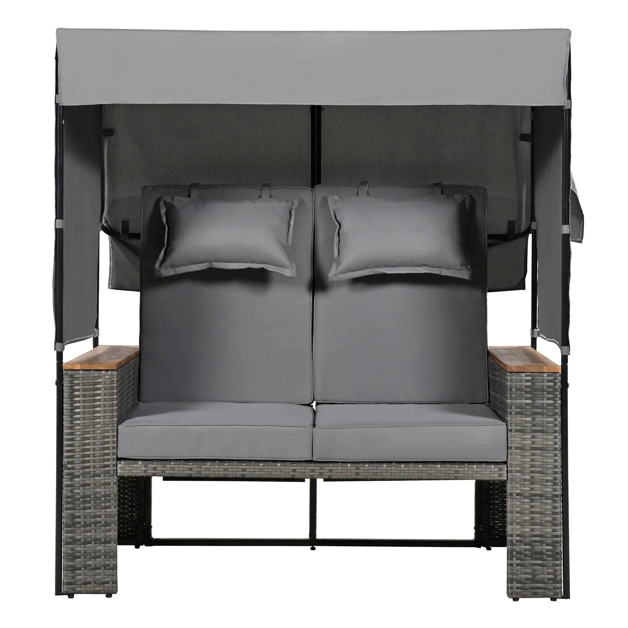 Parrot Uncle 2-Piece Outdoor Rattan Daybed with Bench Lounge Roof Set and Cushions for Poolside, Backyard and Garden - Image 27