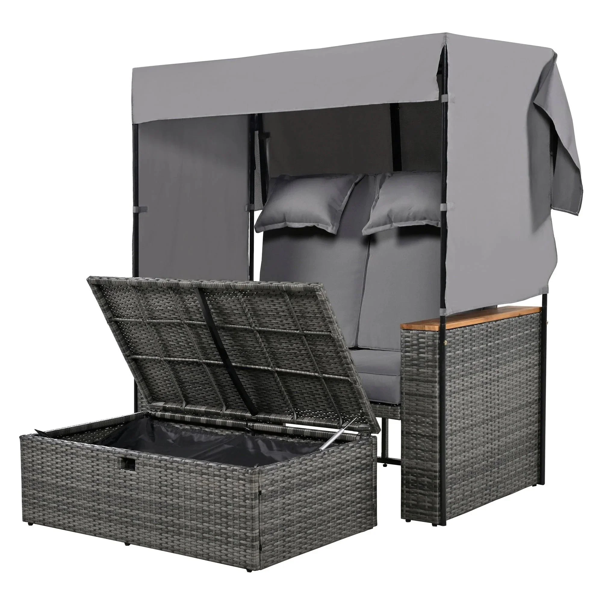 Parrot Uncle 2-Piece Outdoor Rattan Daybed with Bench Lounge Roof Set and Cushions for Poolside, Backyard and Garden - Image 28