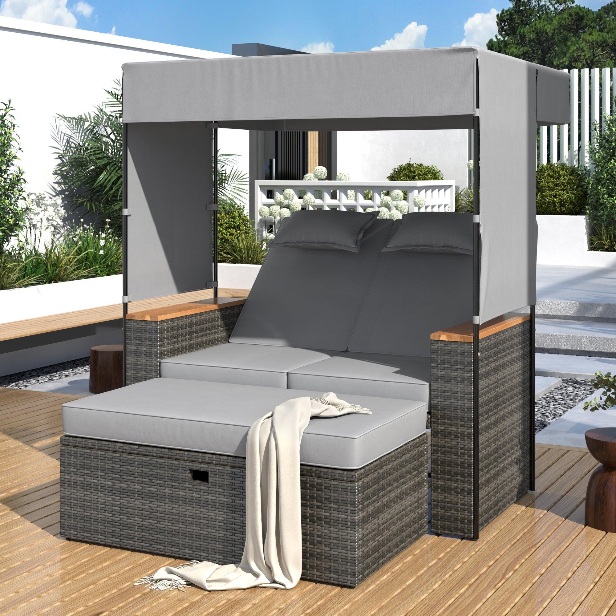 Parrot Uncle 2-Piece Outdoor Rattan Daybed with Bench Lounge Roof Set and Cushions for Poolside, Backyard and Garden - Image 31