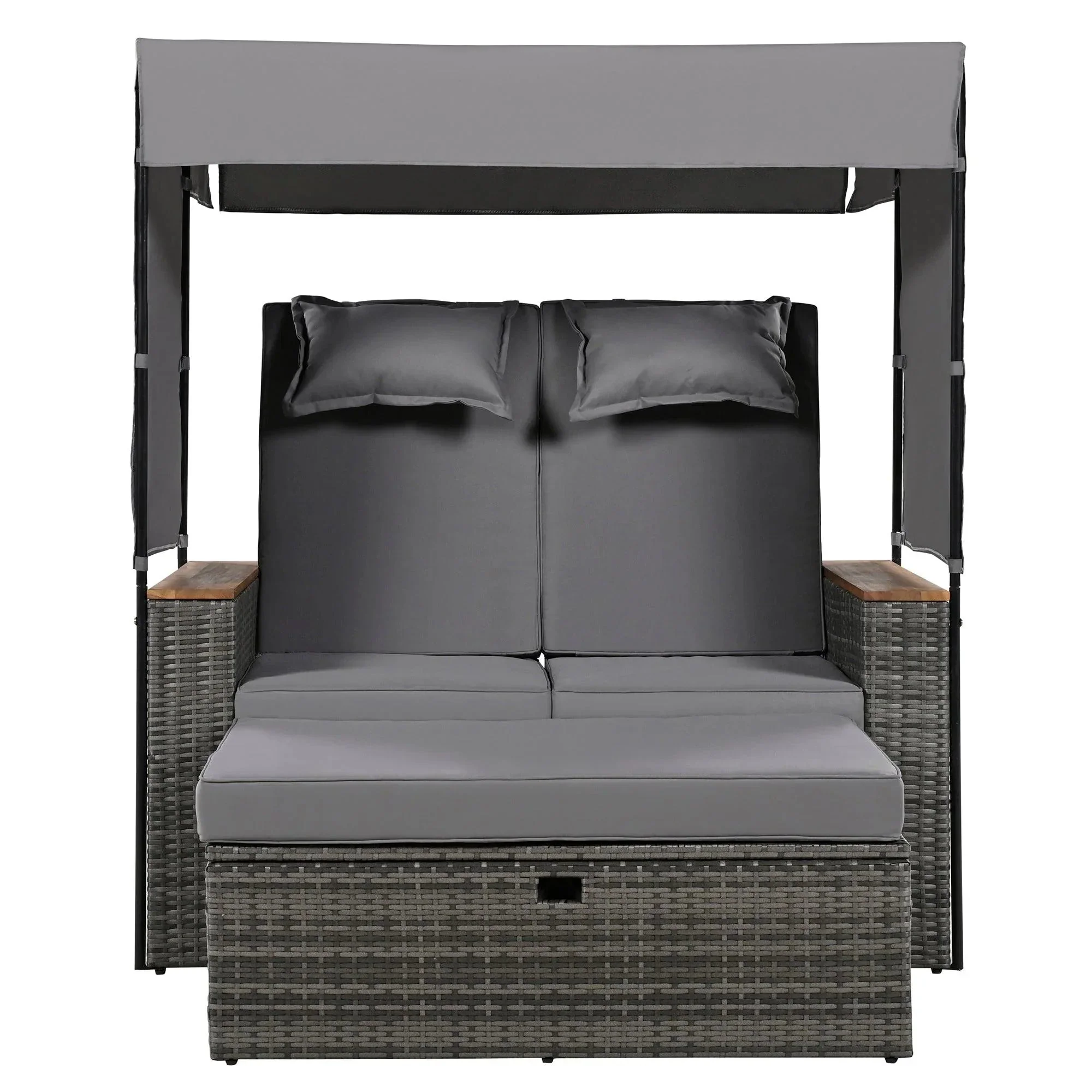 Parrot Uncle 2-Piece Outdoor Rattan Daybed with Bench Lounge Roof Set and Cushions for Poolside, Backyard and Garden - Image 32