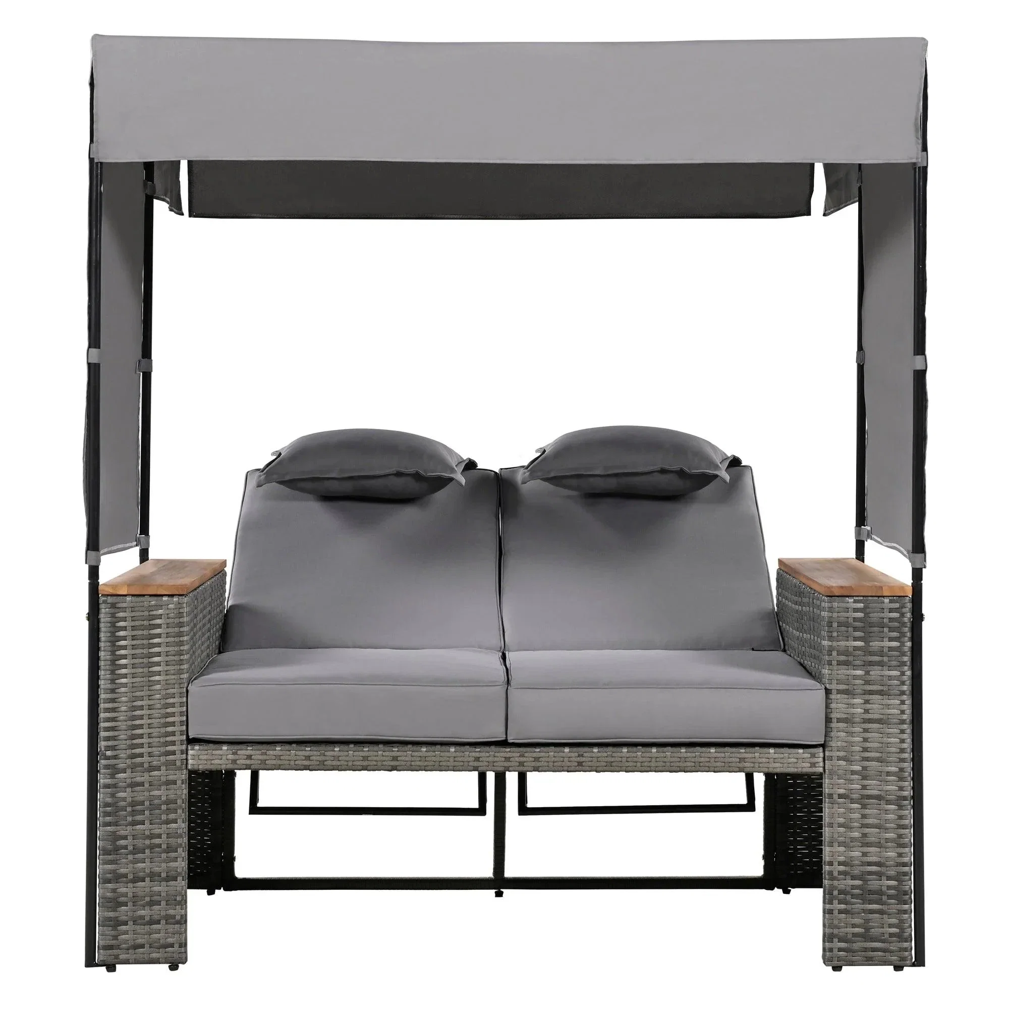 Parrot Uncle 2-Piece Outdoor Rattan Daybed with Bench Lounge Roof Set and Cushions for Poolside, Backyard and Garden - Image 33